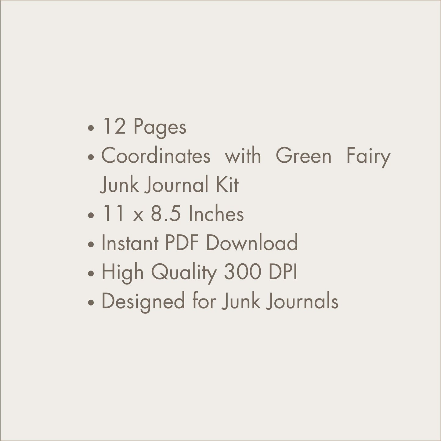 a white background with text that reads 12 pages coordinatess with green fairy junk journal