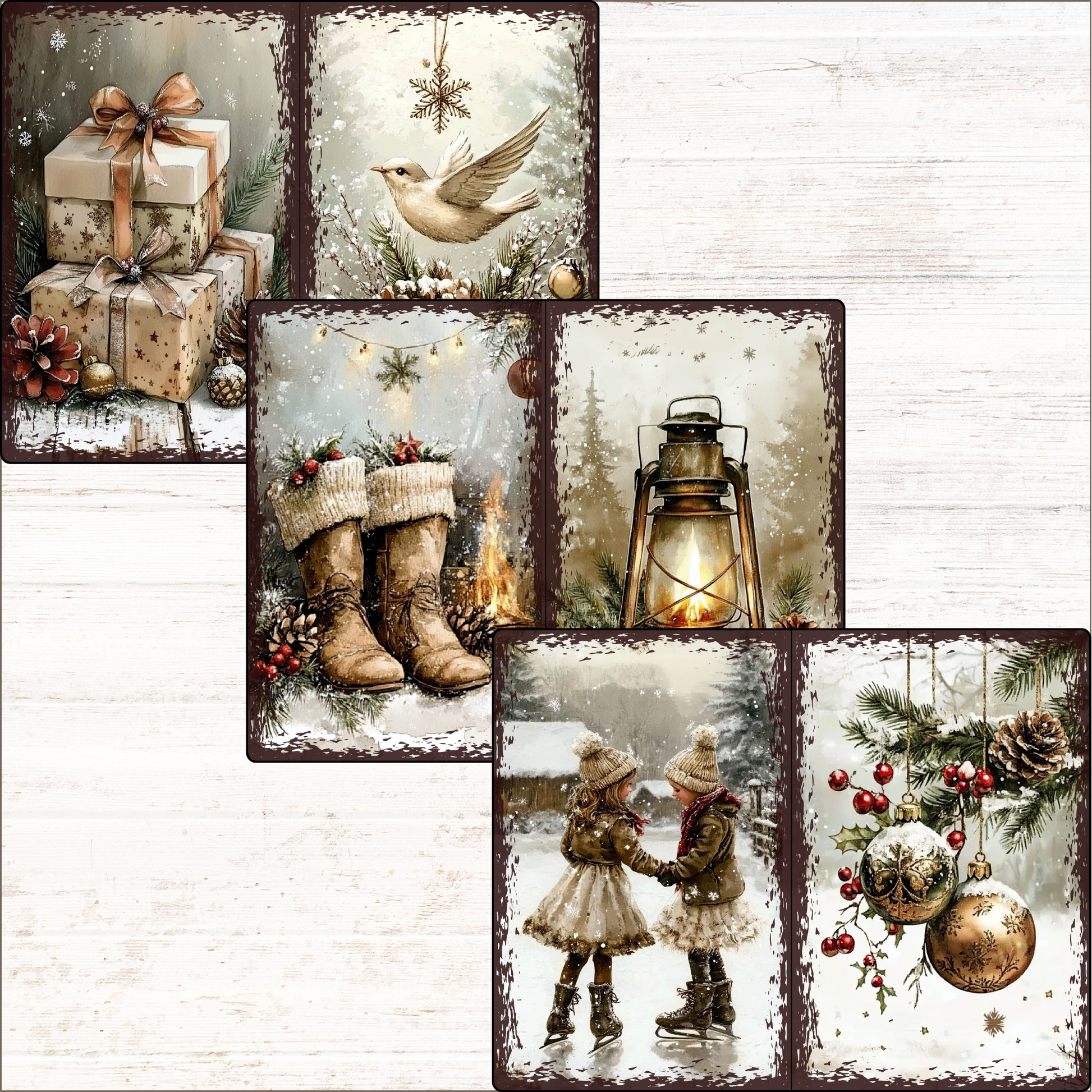 a set of four christmas cards with a boy and a girl