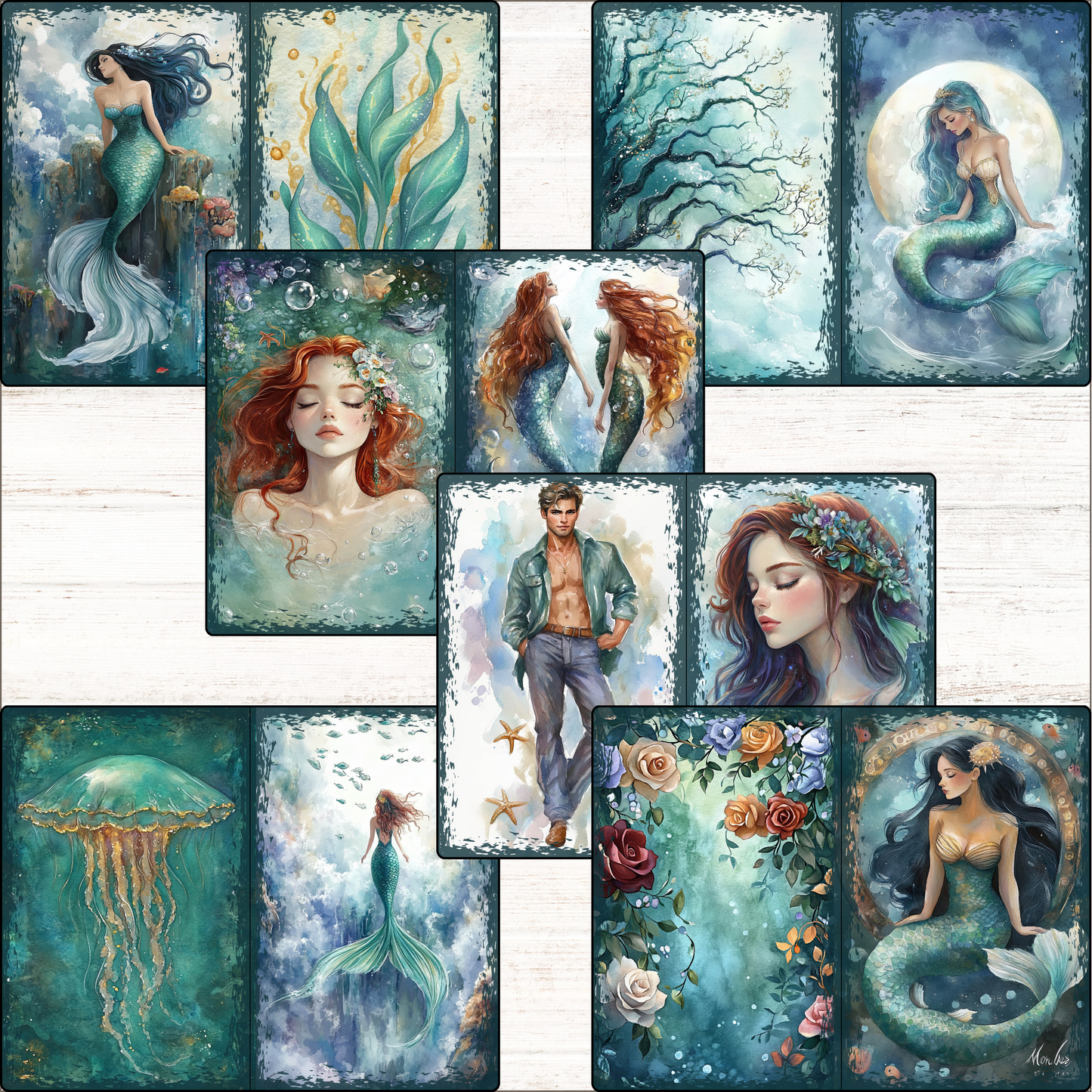 a collage of pictures of mermaids and sea creatures