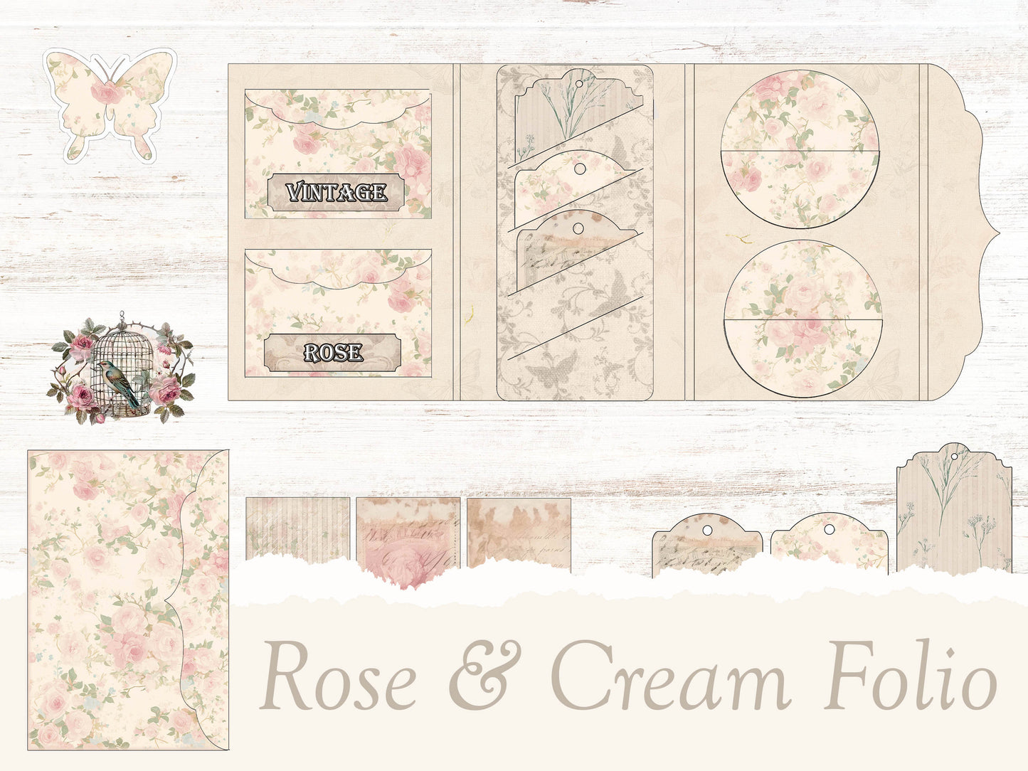 a set of paper with roses and cream foli