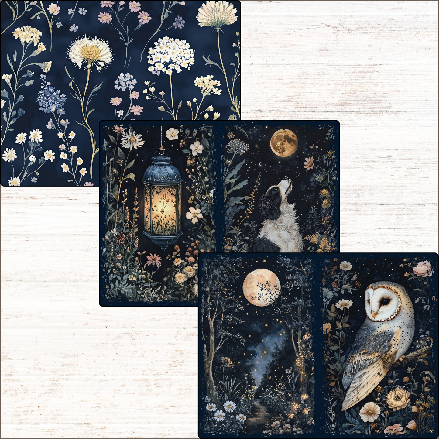 a set of four cards with a picture of an owl and a lantern