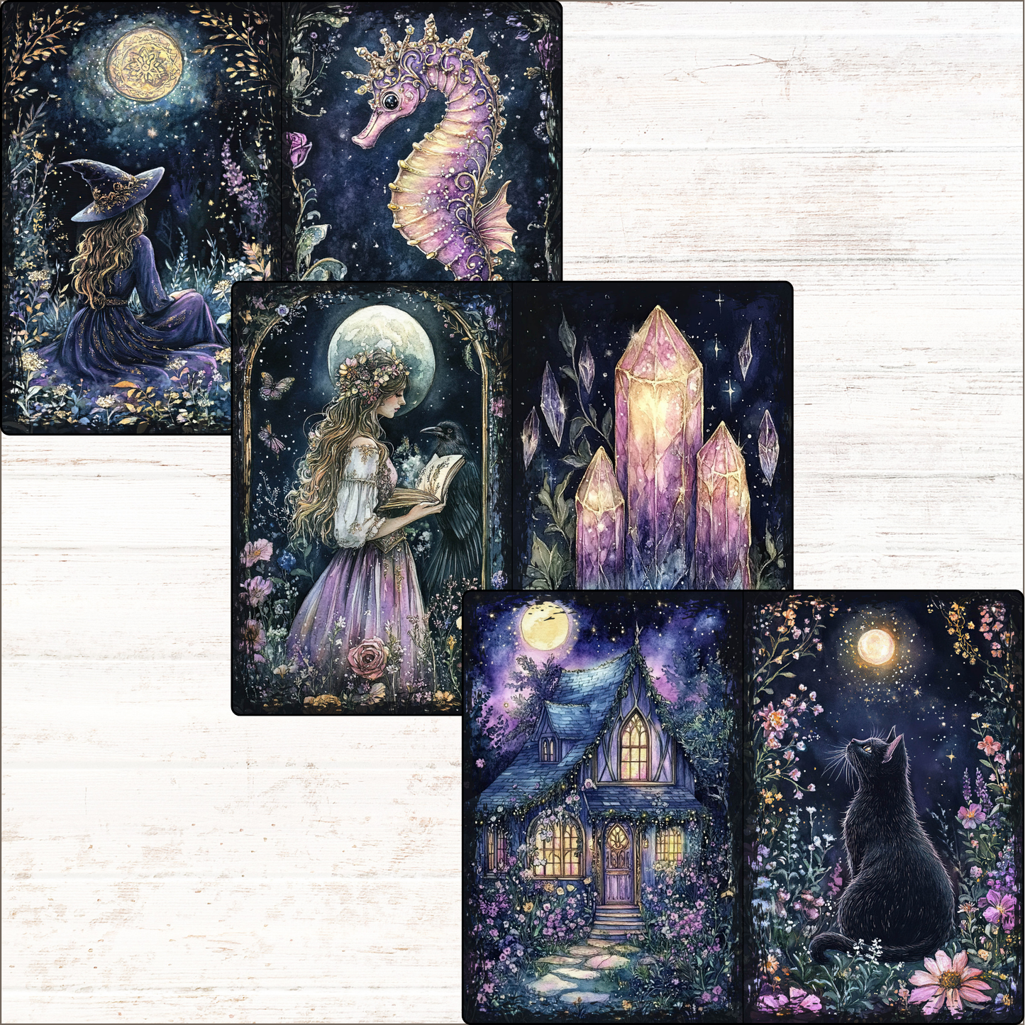 a set of four tarot cards featuring a fairy and a cat