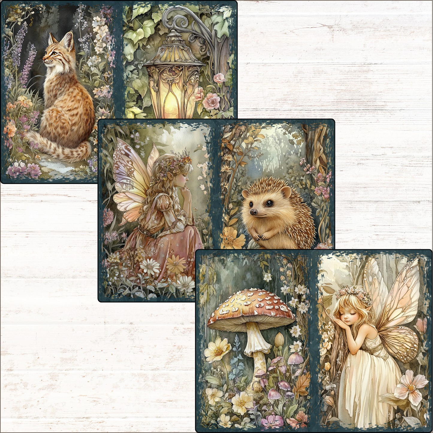 a set of four pictures of a hedge and a fairy