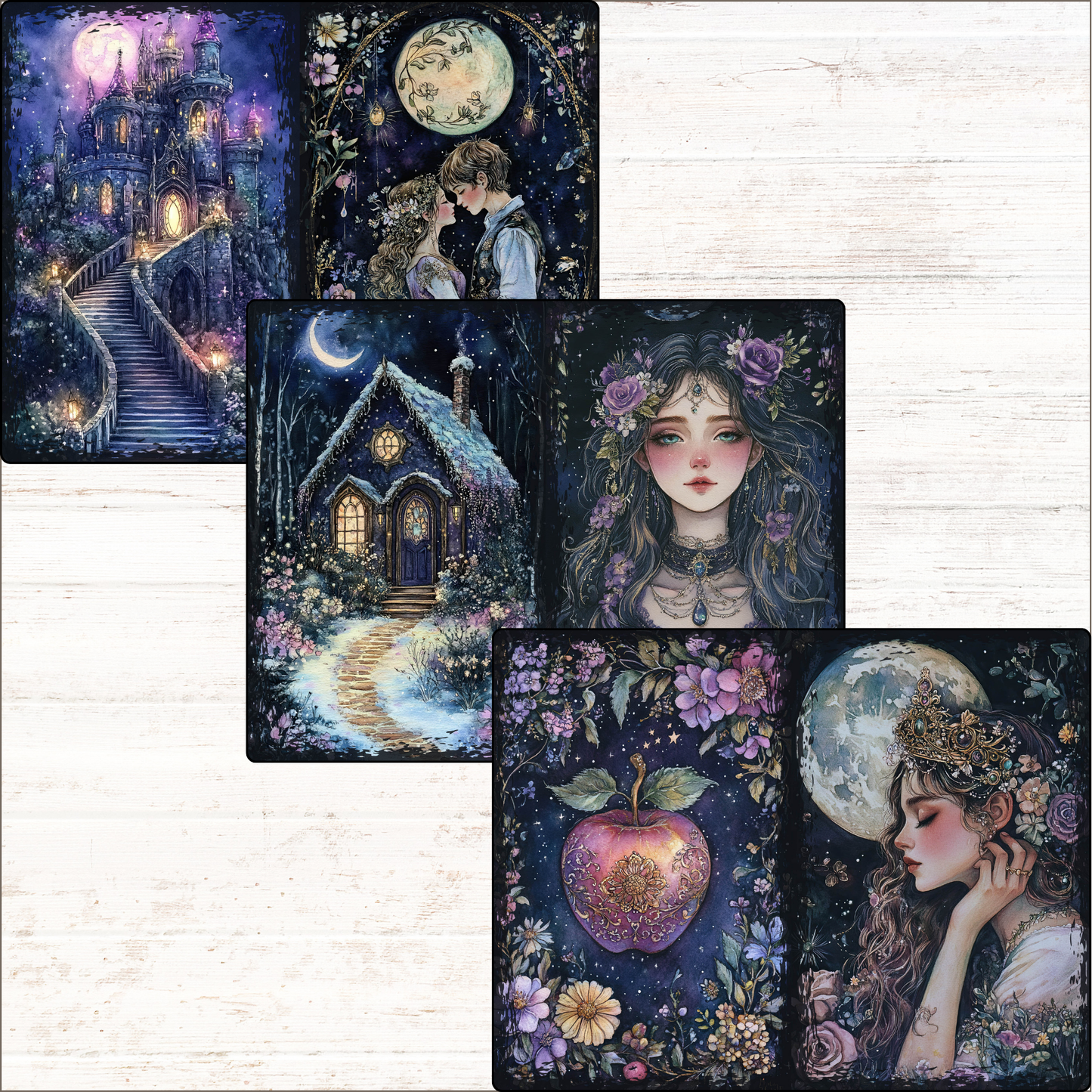 a set of four tarot cards depicting a fairy tale