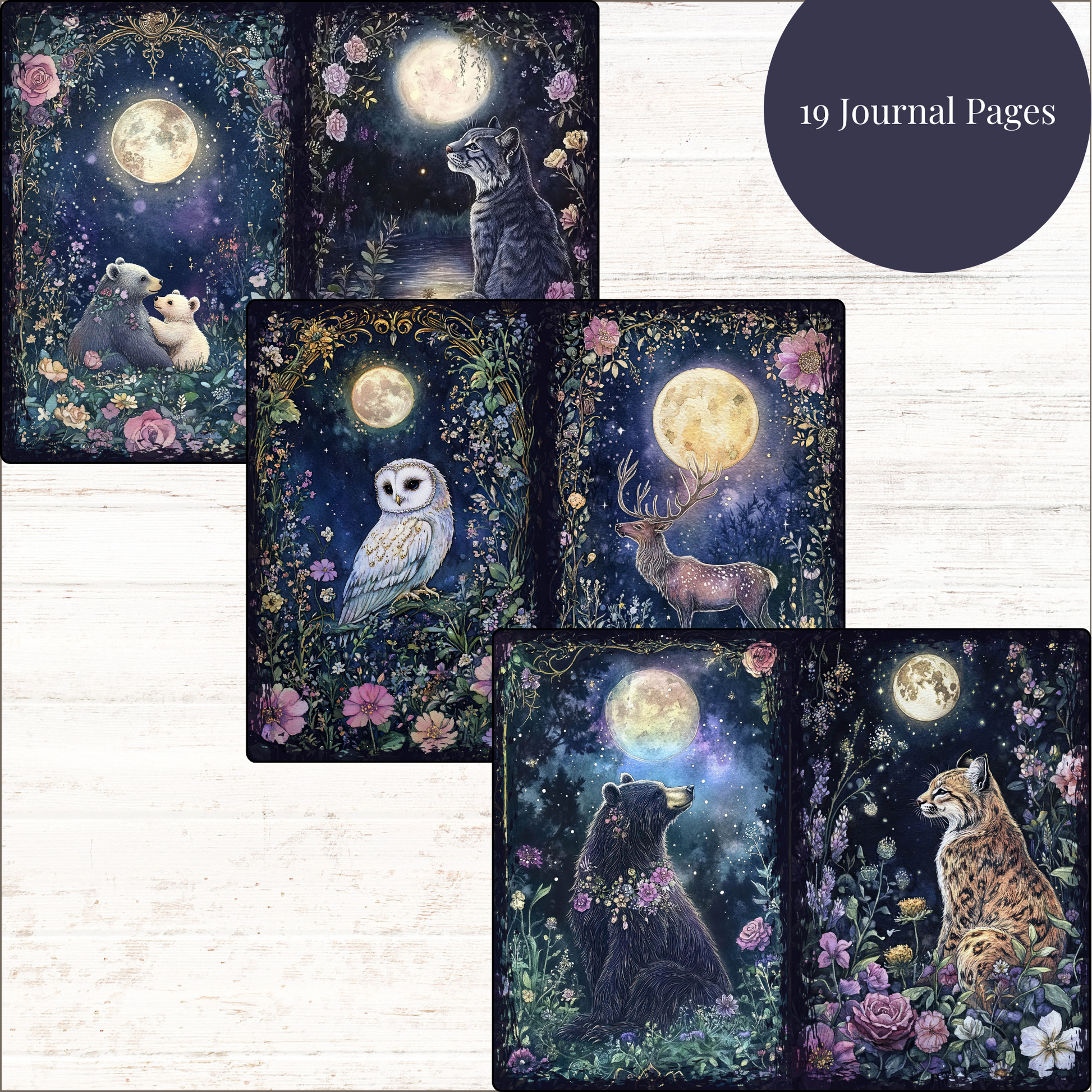 a set of four cards with a picture of a cat, owl, and a