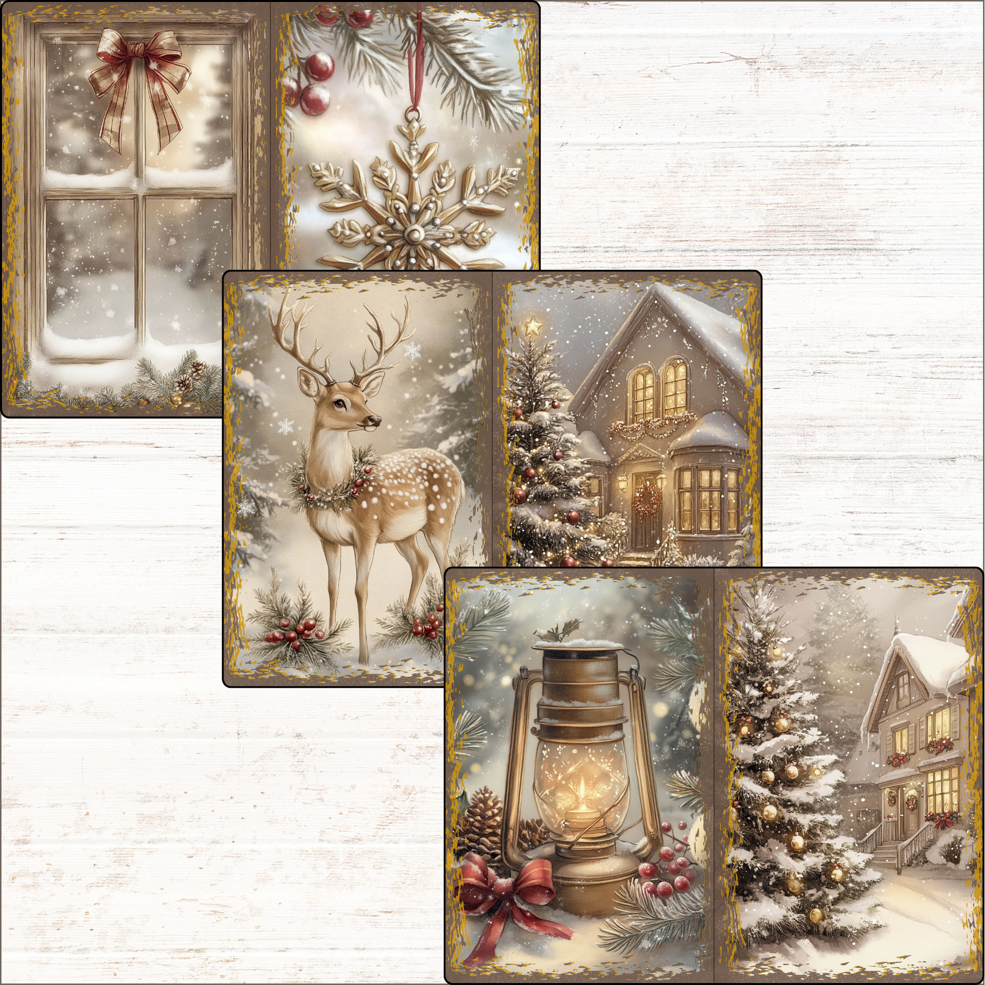 a set of four christmas cards with a deer and a lantern