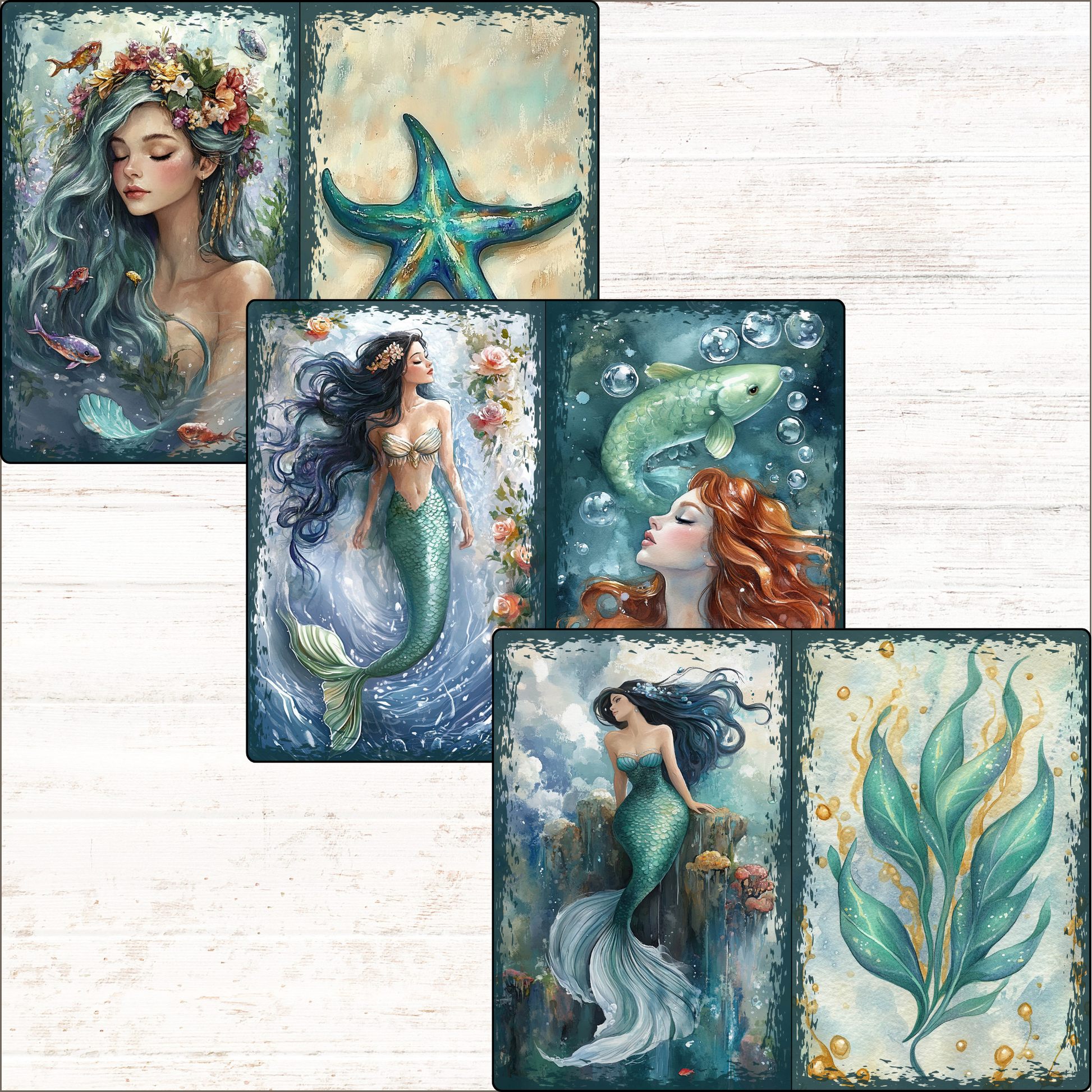 a set of four cards featuring mermaids and a starfish