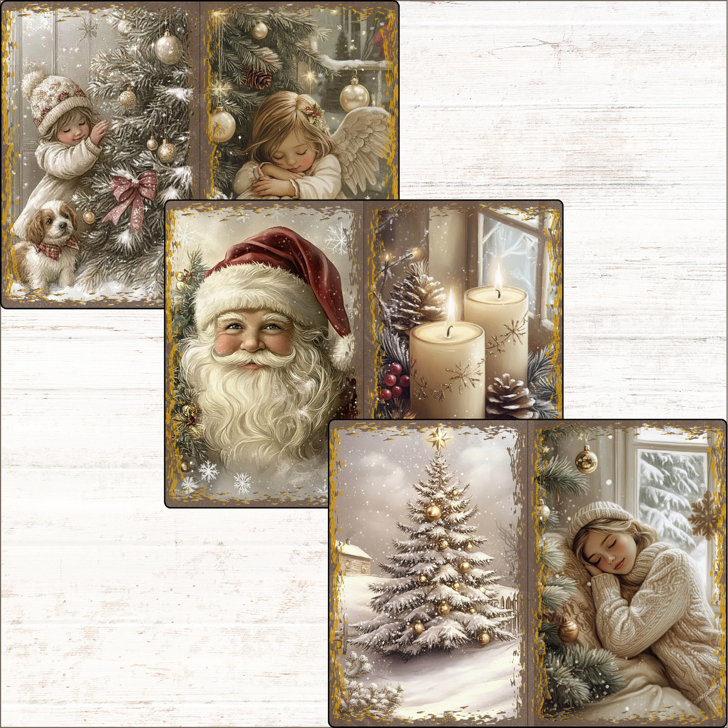 a set of four pictures of santa claus