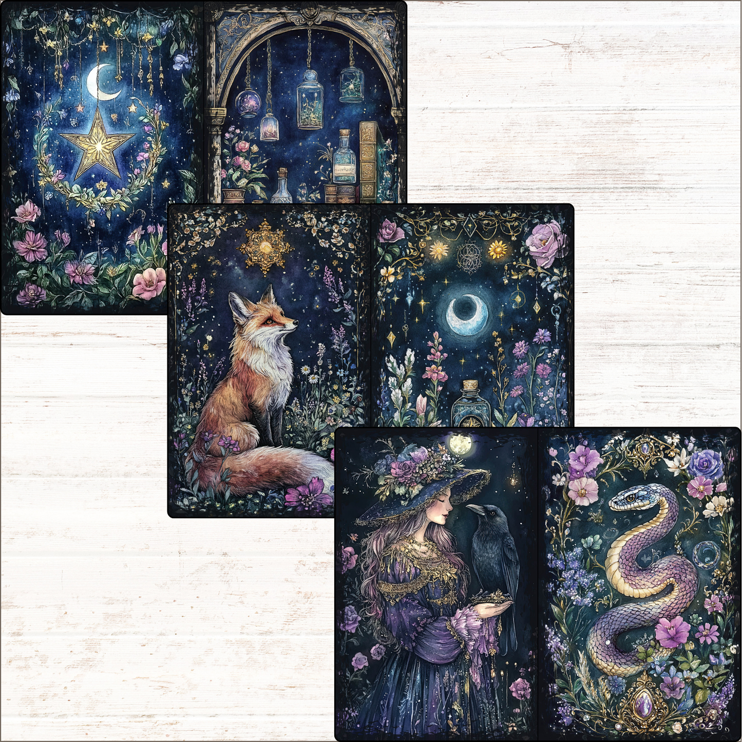 a set of four tarot cards with a fox and a snake