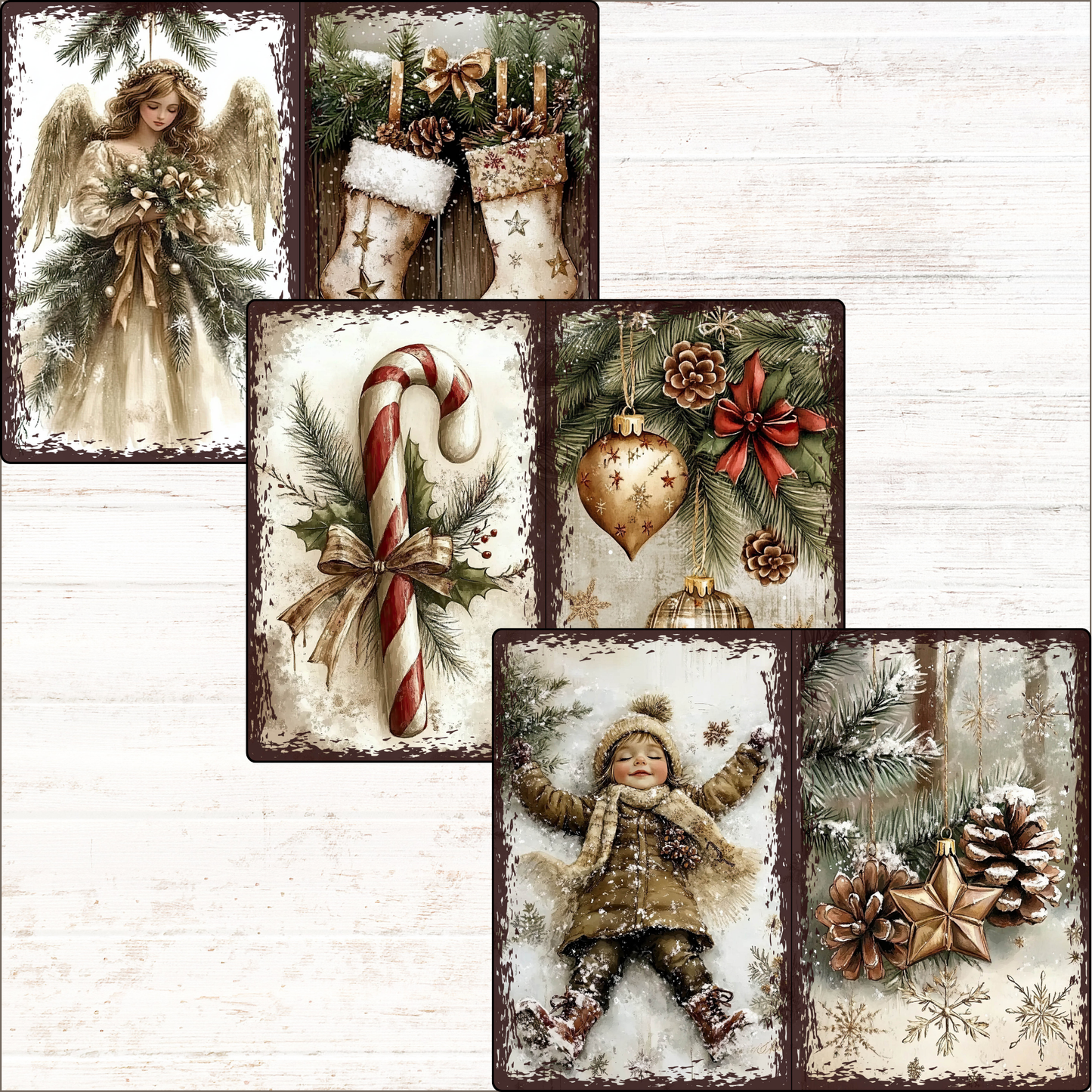 a set of four christmas cards with angels and decorations