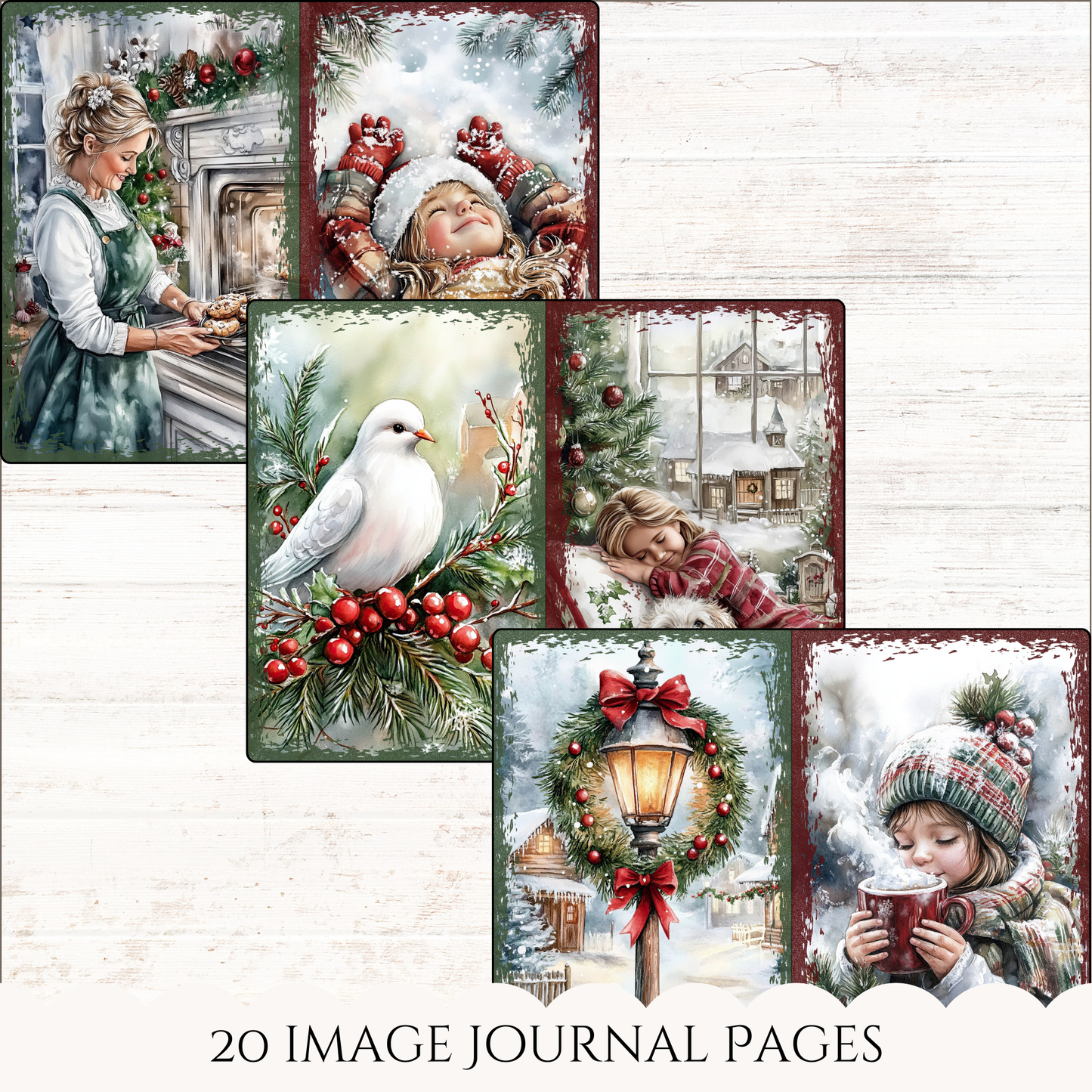 a set of four christmas cards with a picture of a girl and a bird