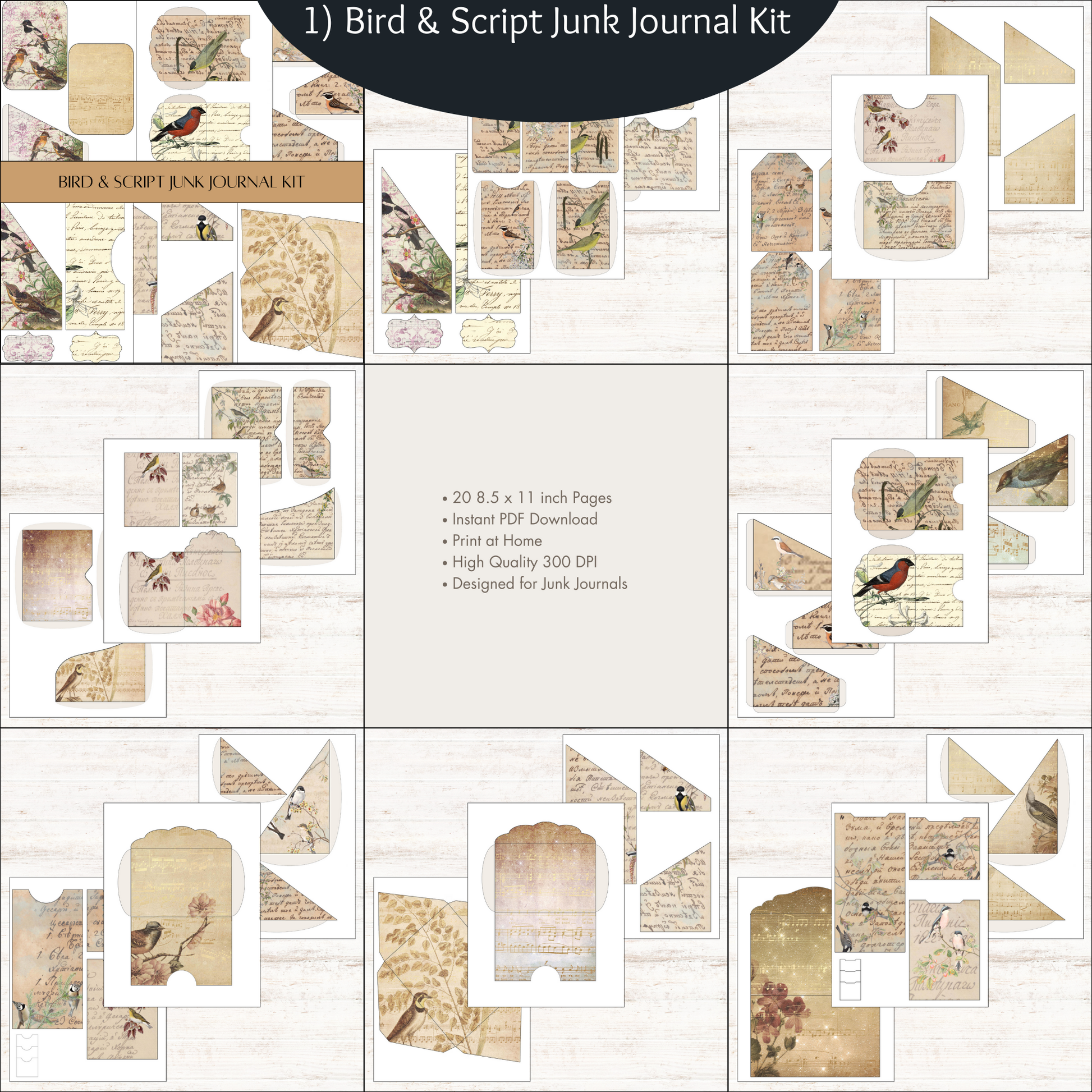 a collage of bird and script journal kits