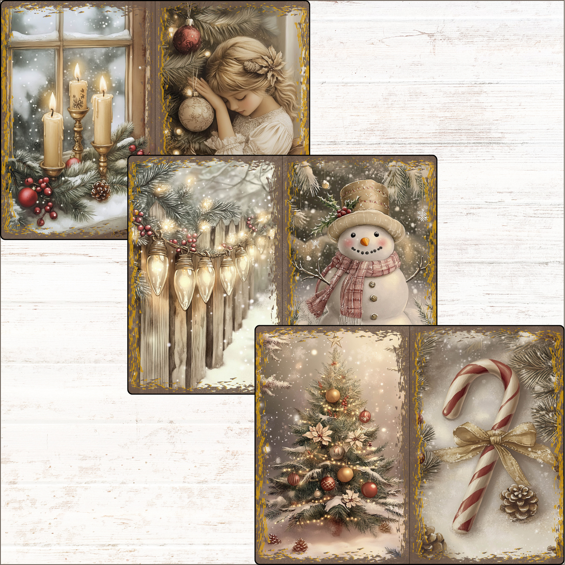 a set of four christmas cards with a snowman, a christmas tree, and