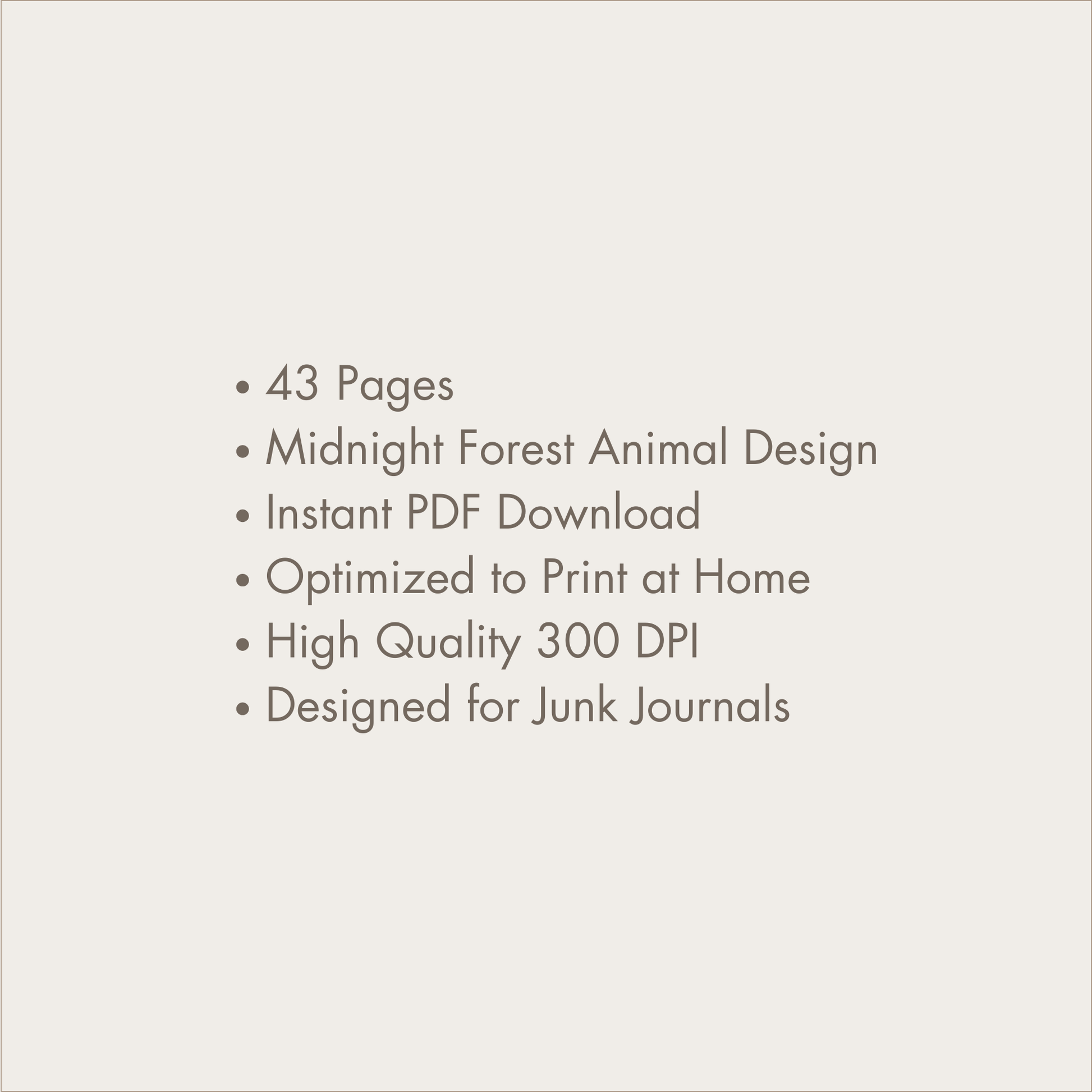 a white background with text that reads, 43 pages midnight forest animal design instant print