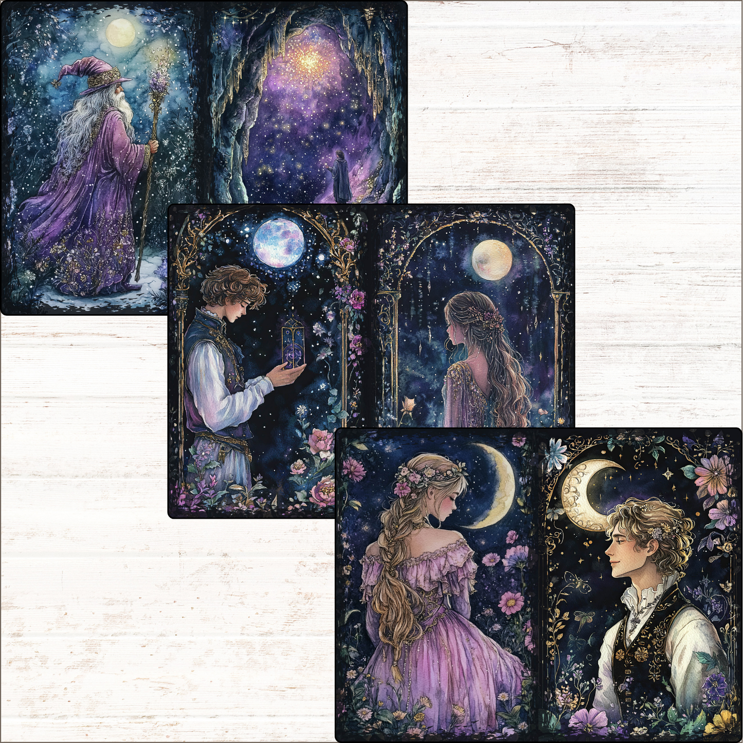 a set of four tarot cards depicting a man and a woman