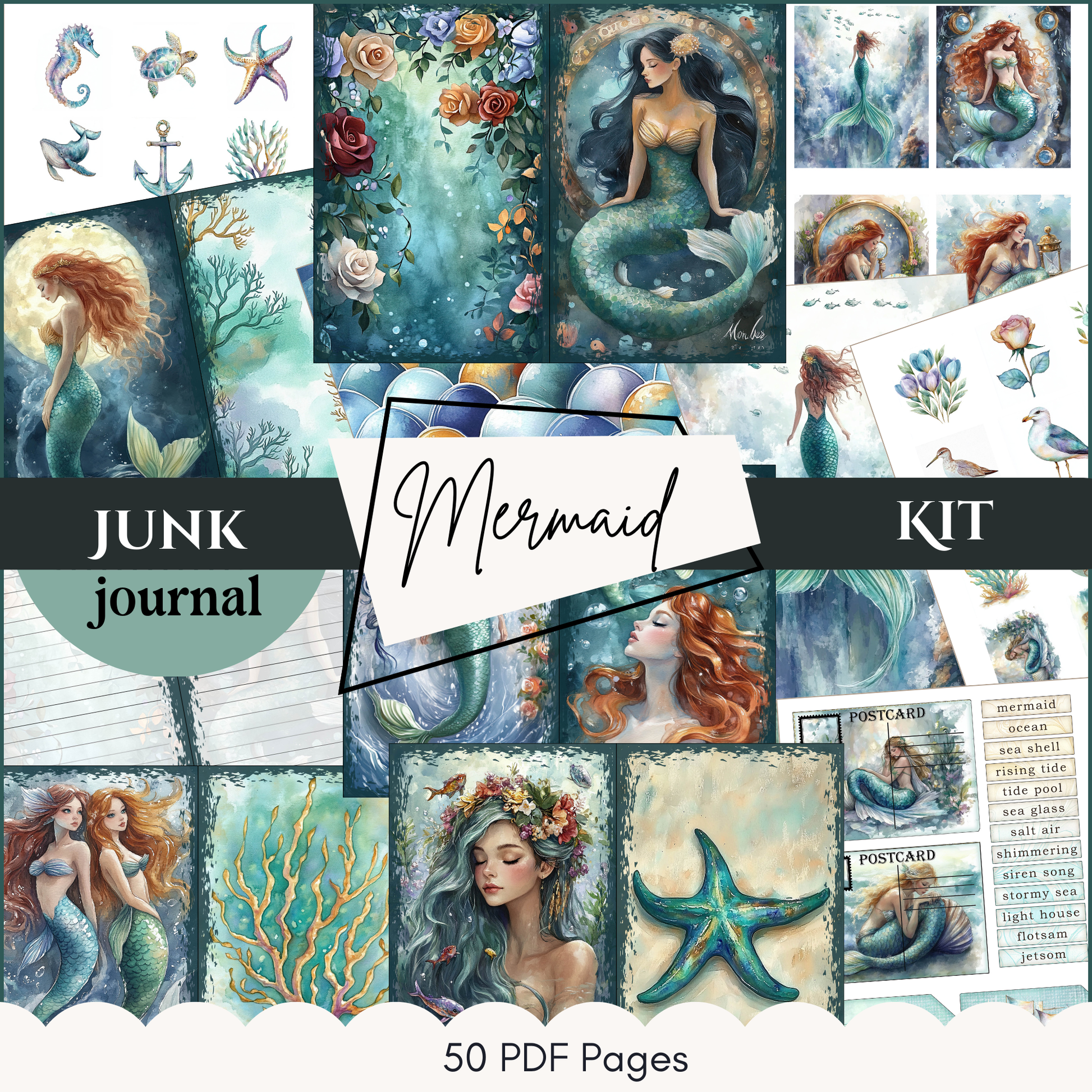 a collage of mermaids and sea creatures with the text junk journal