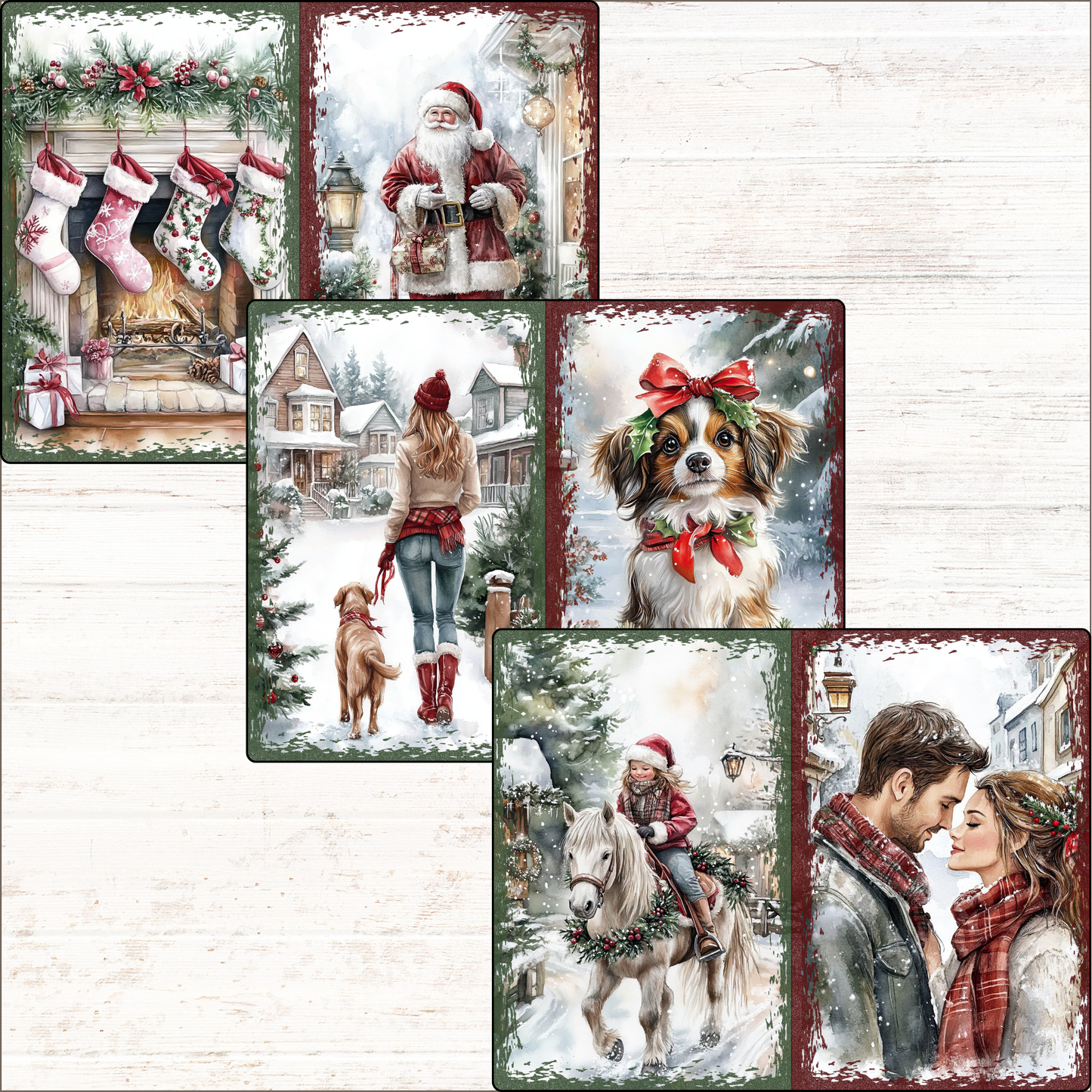 a set of four christmas cards with a couple and a dog