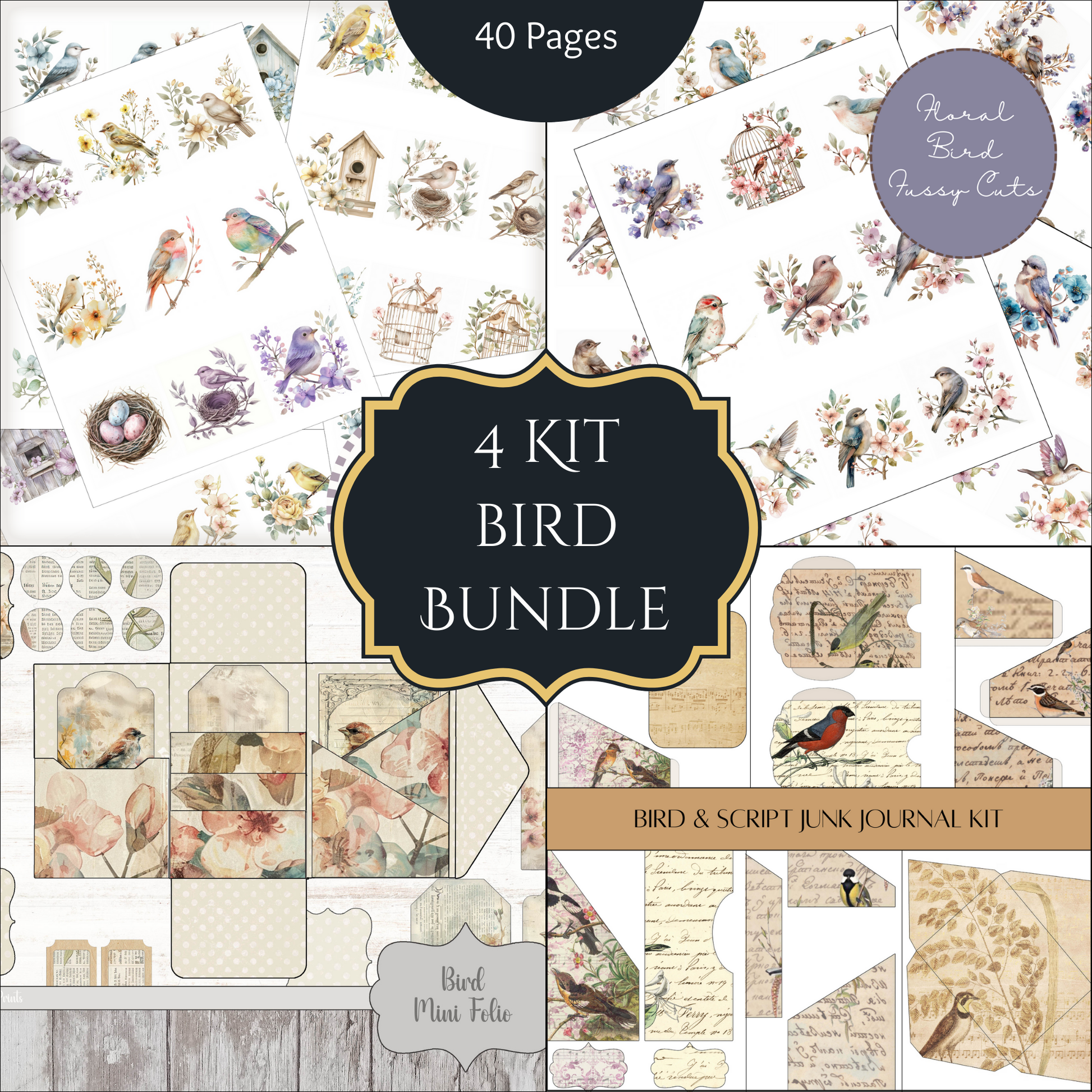 a collection of bird themed paper and stickers