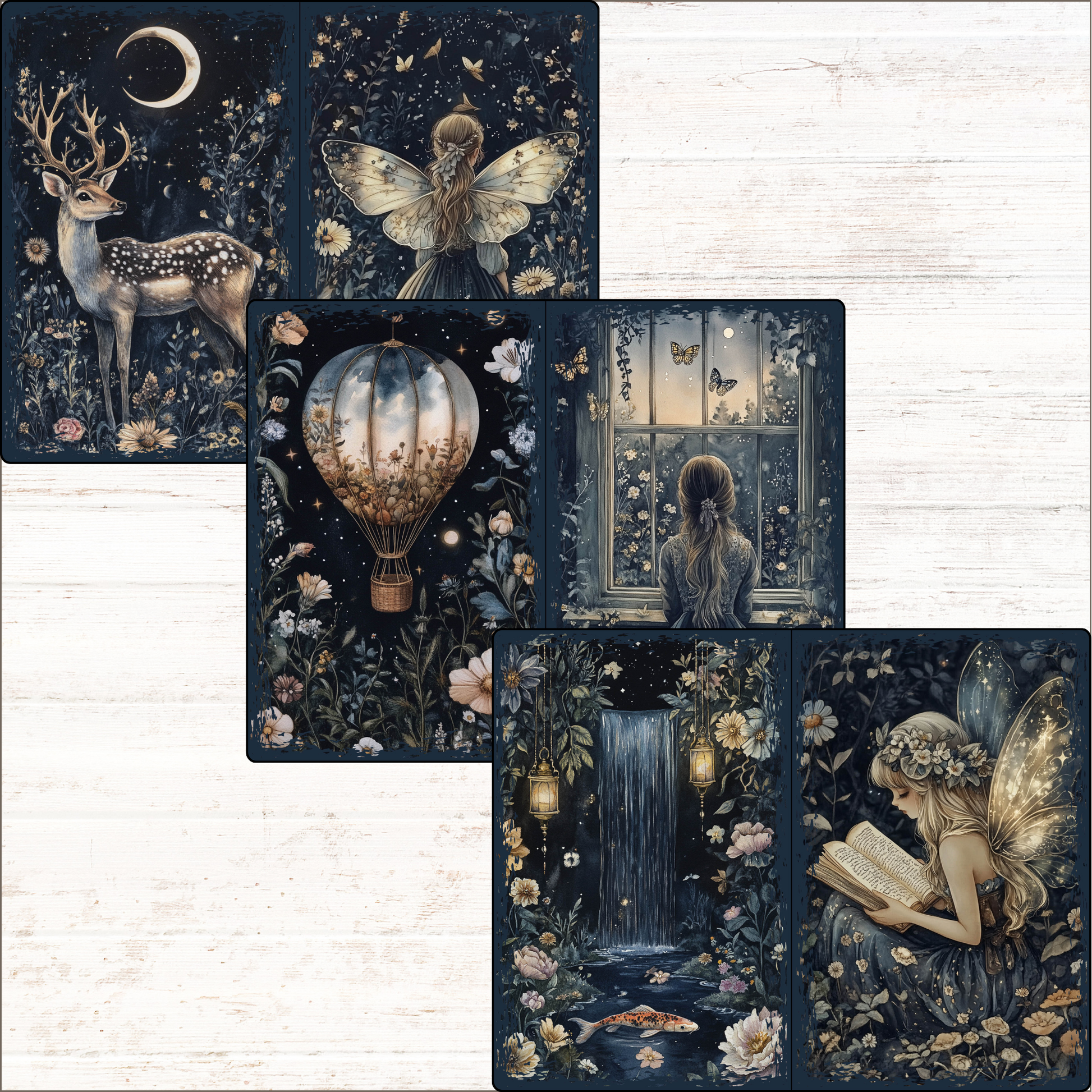 a set of four cards with a picture of a girl and a deer