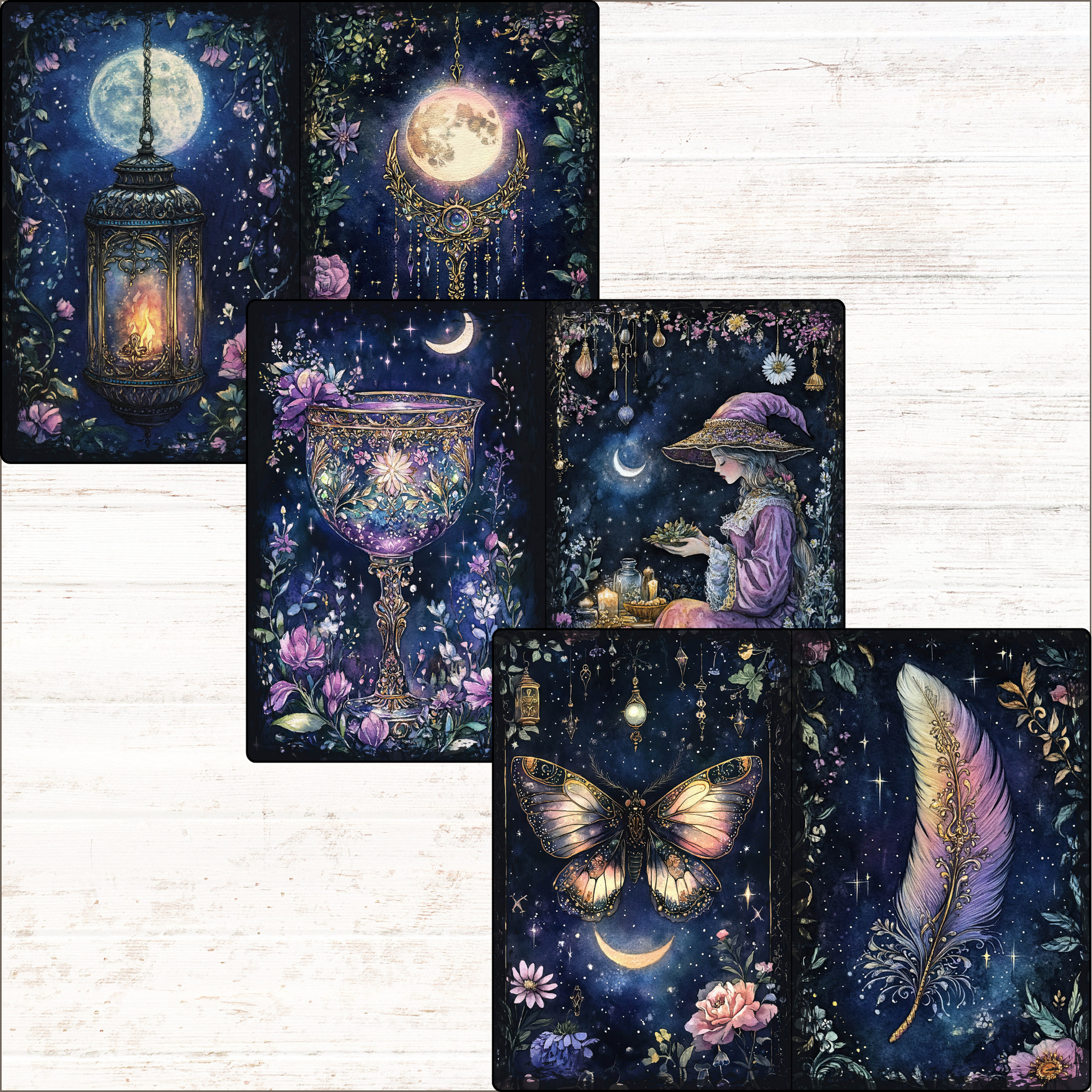 a set of four cards with a butterfly and a lantern