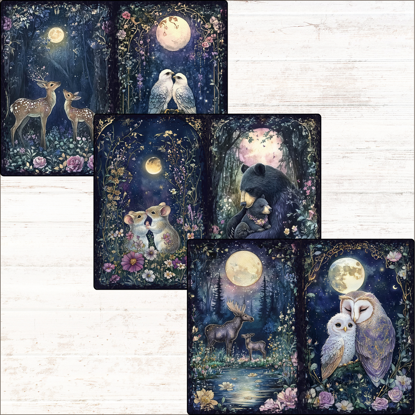 a set of four cards with a picture of an owl, a deer, and