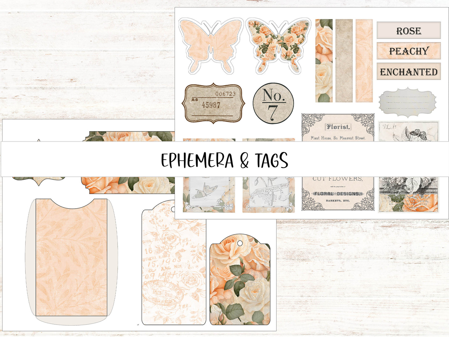 a set of paper and tags with flowers and butterflies