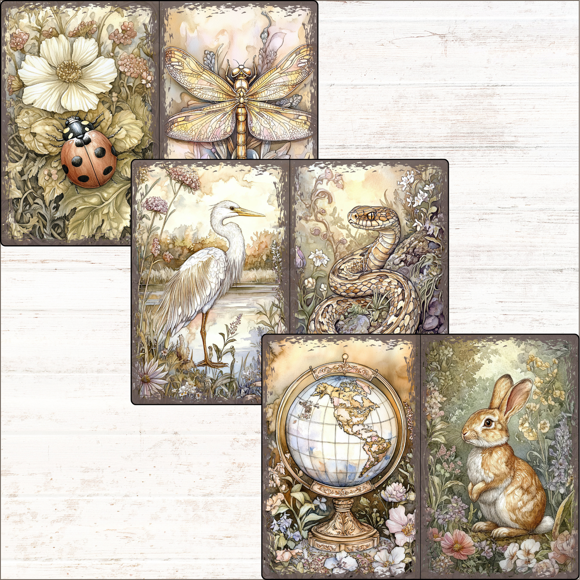 a set of four cards with a picture of a bird, a globe, a