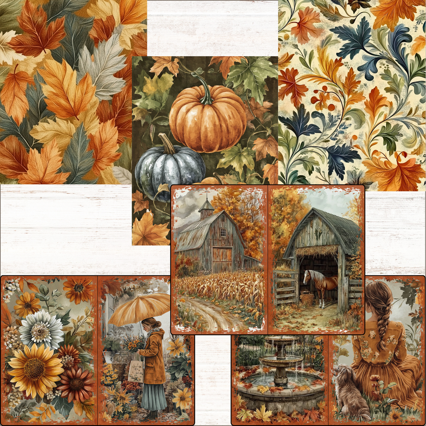 a collage of pictures with pumpkins, flowers, and a barn