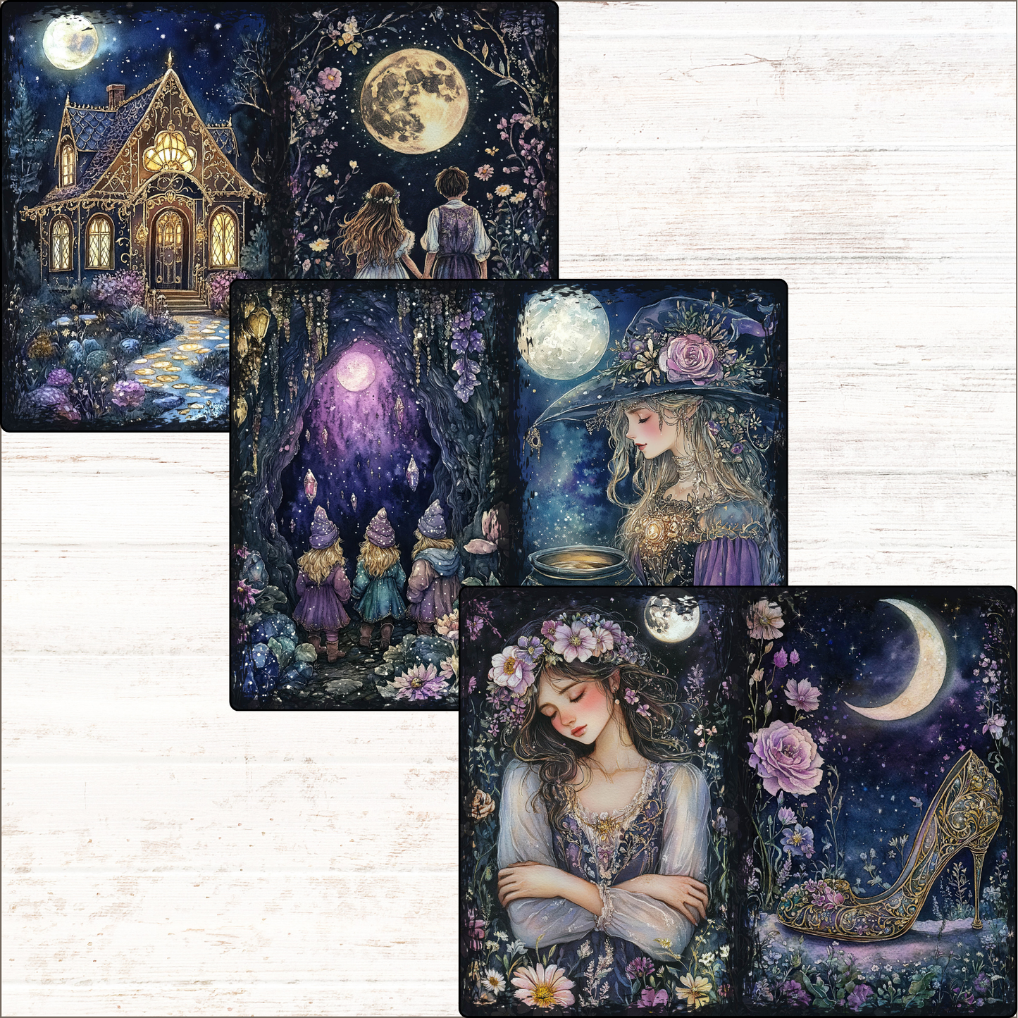 four tarot cards with a woman sitting on a bench in front of a house