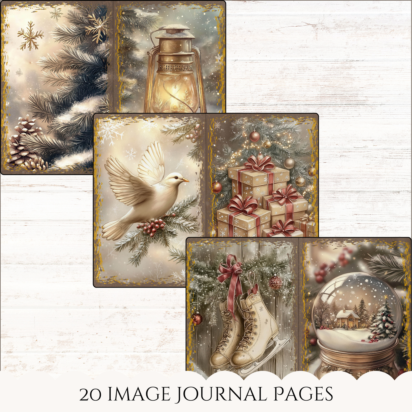 a set of four christmas cards with doves and presents