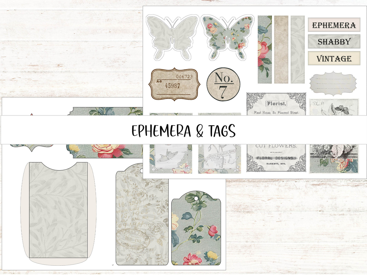 a collection of paper and tags with flowers and butterflies