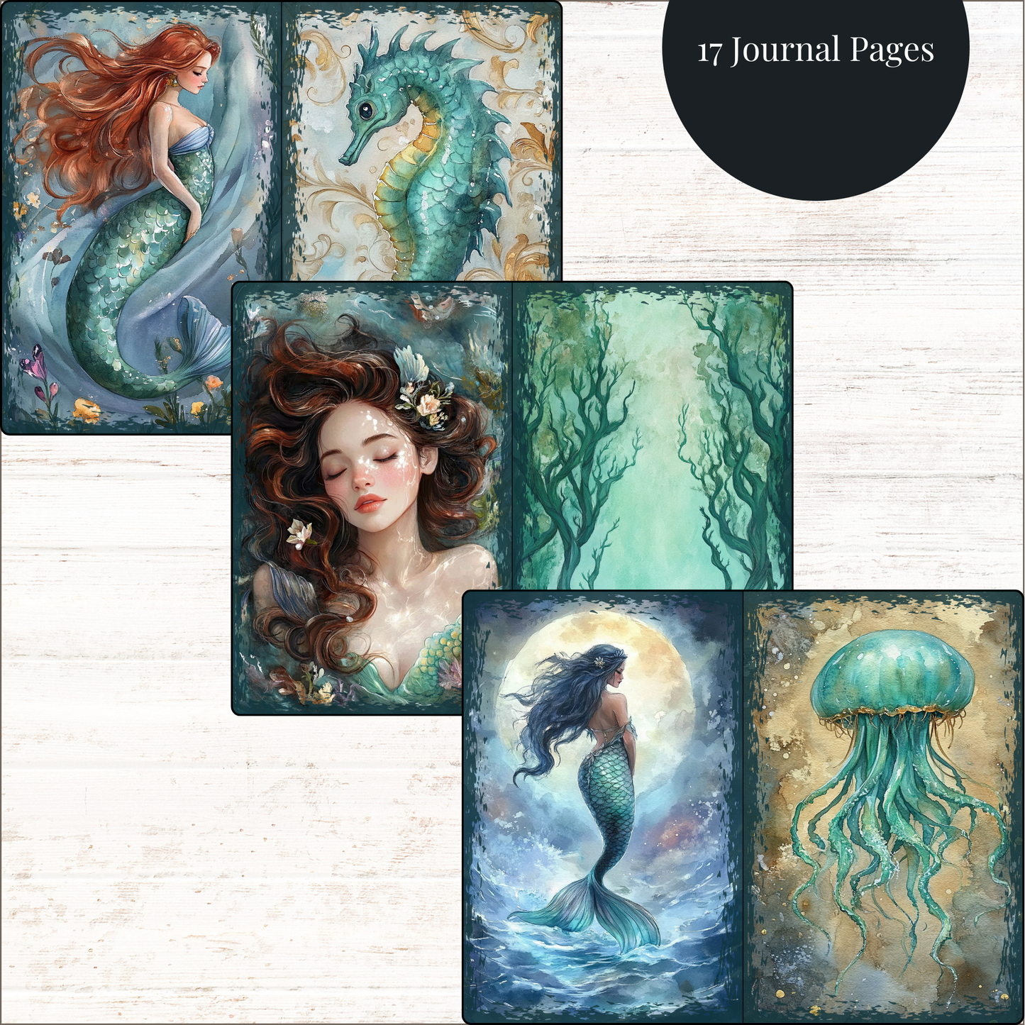 a set of four paintings of mermaids and a jellyfish