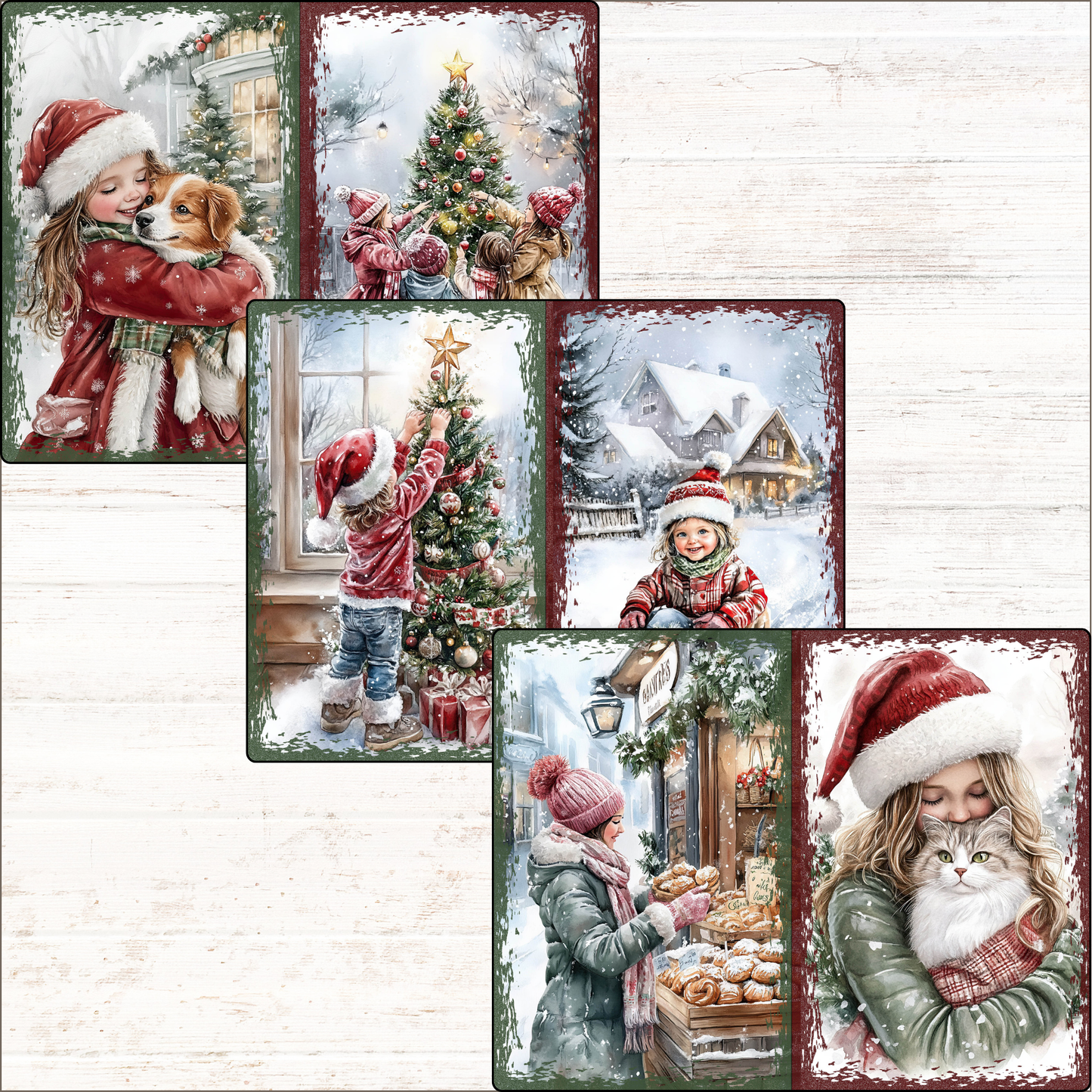 a set of four christmas cards with a girl and a cat