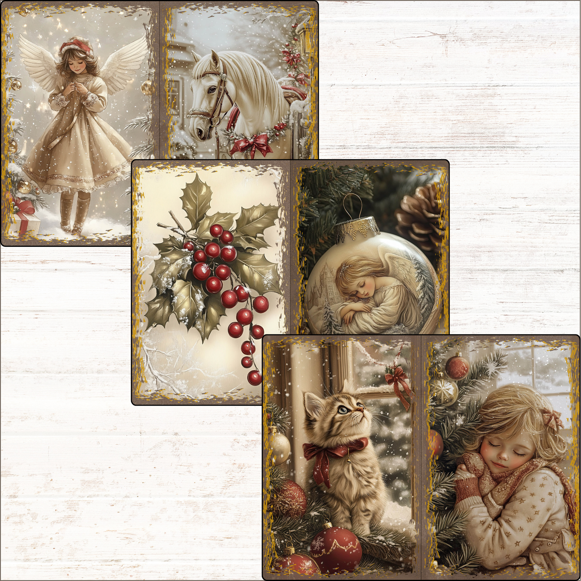 a set of four christmas cards with a girl and a cat