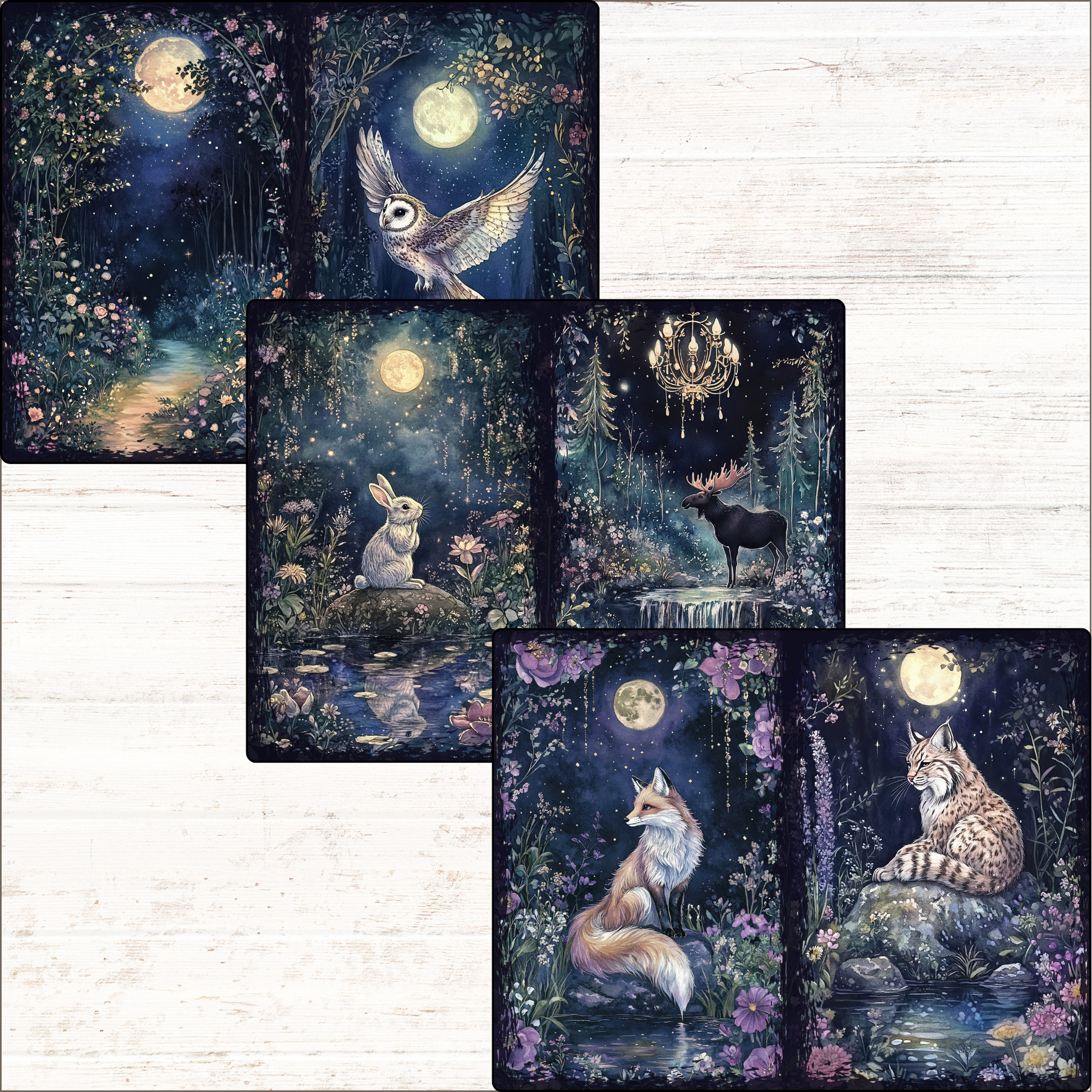 a series of four cards depicting a fox and a bird