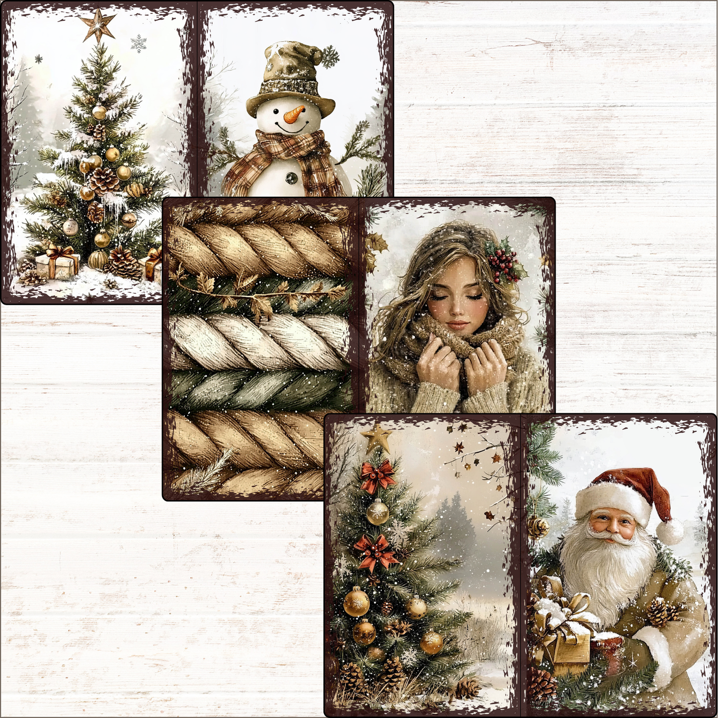 a set of four christmas cards with a woman and a snowman