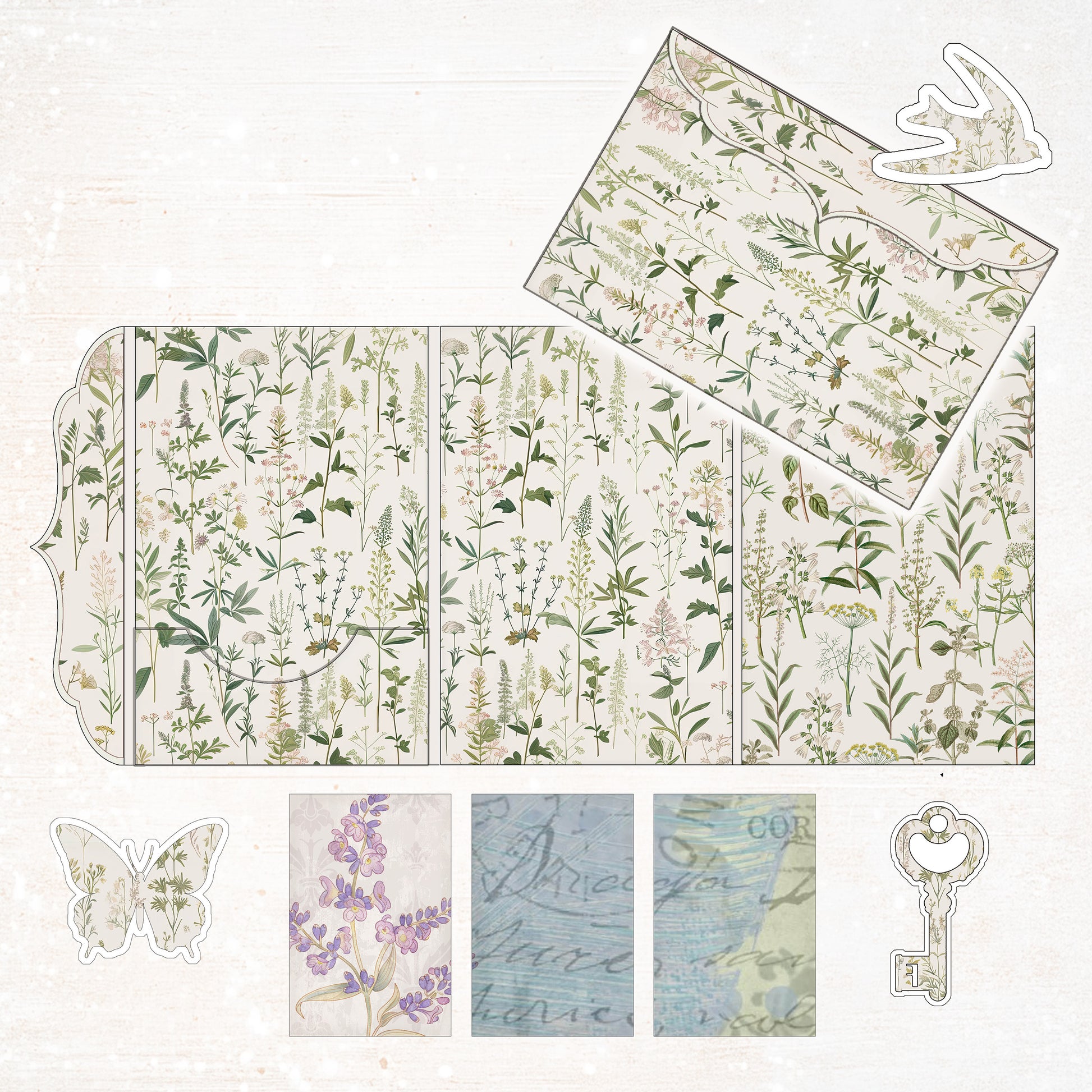 a set of papers with flowers and butterflies on them