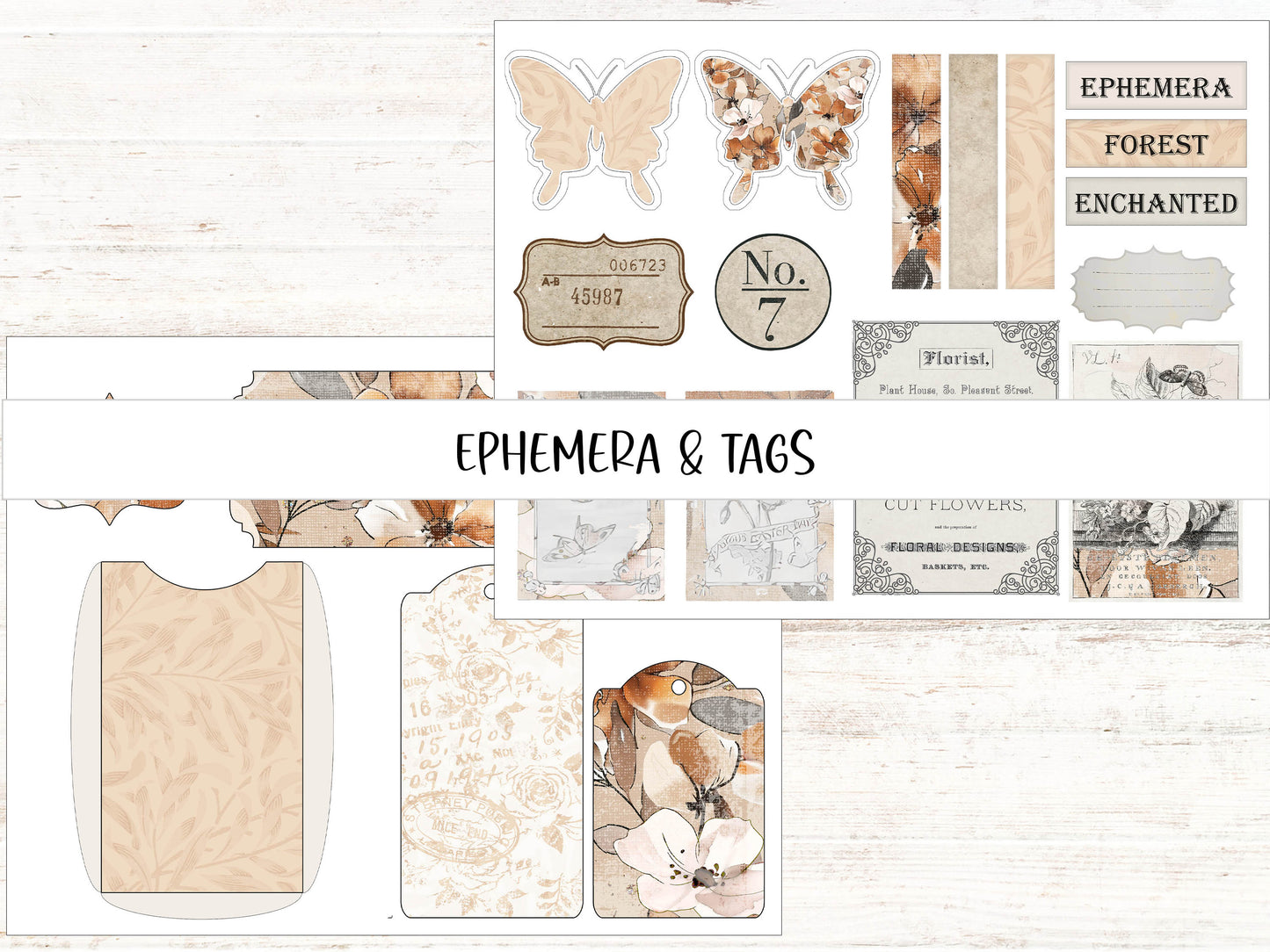 a set of paper and tags with flowers and butterflies