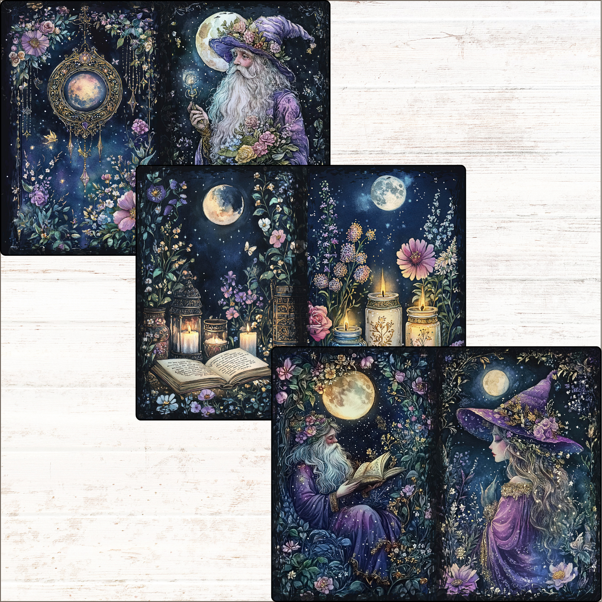 a set of four tarot cards with an image of a wizard reading a book