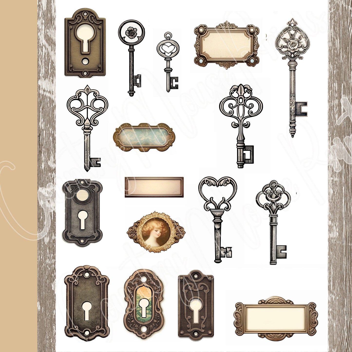 Junk Journal Faux Hardware Kit: Hinges, Bookplates, Nameplates, Keyhole & Keys