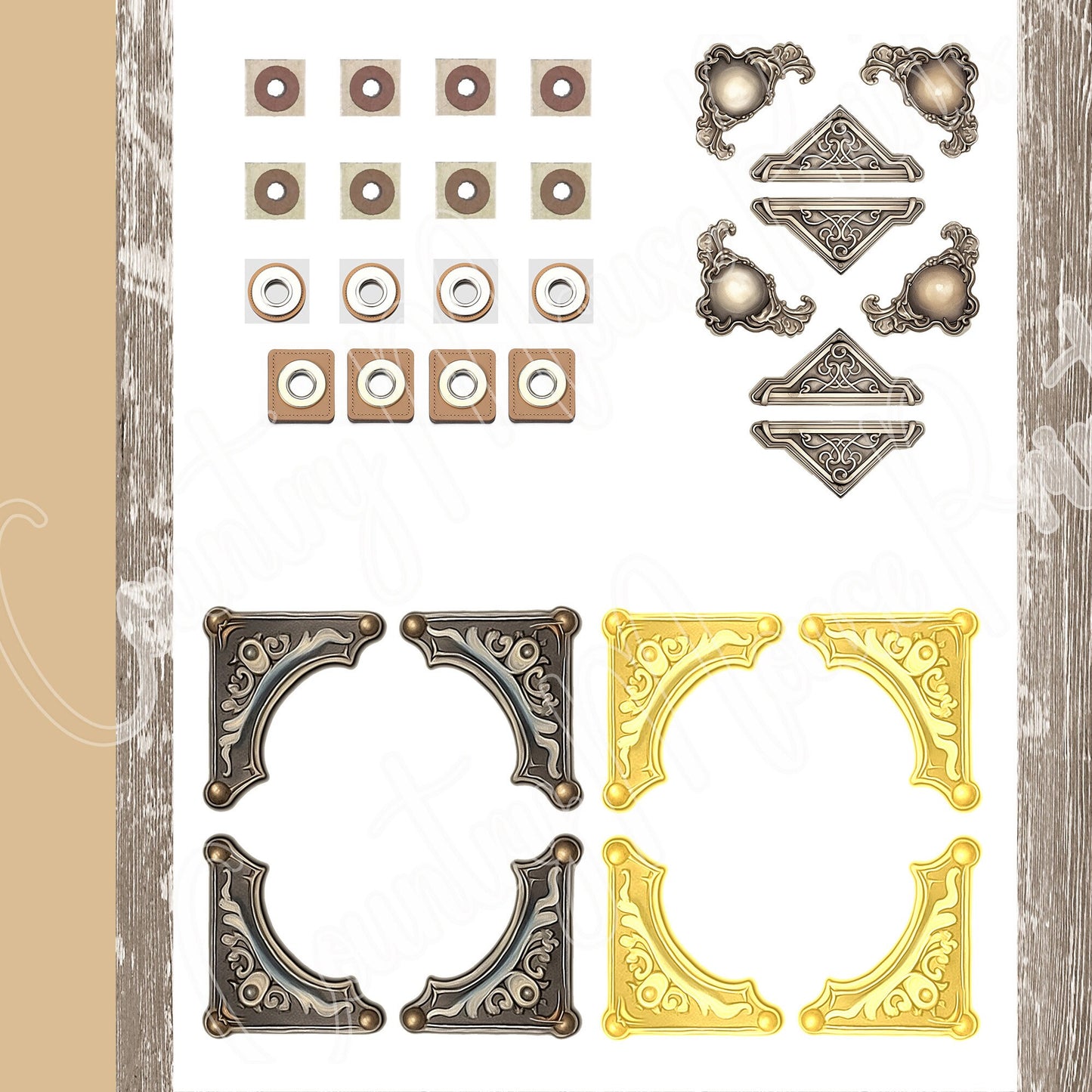 Junk Journal Faux Hardware Kit: Hinges, Bookplates, Nameplates, Keyhole & Keys