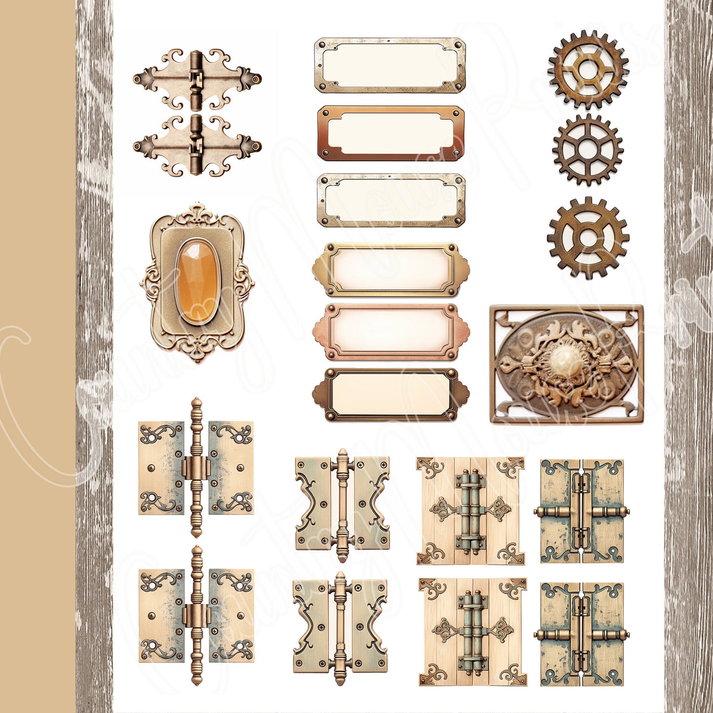 Junk Journal Faux Hardware Kit: Hinges, Bookplates, Nameplates, Keyhole & Keys