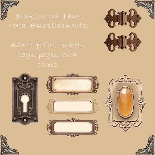 Junk Journal Faux Hardware Kit: Hinges, Bookplates, Nameplates, Keyhole & Keys