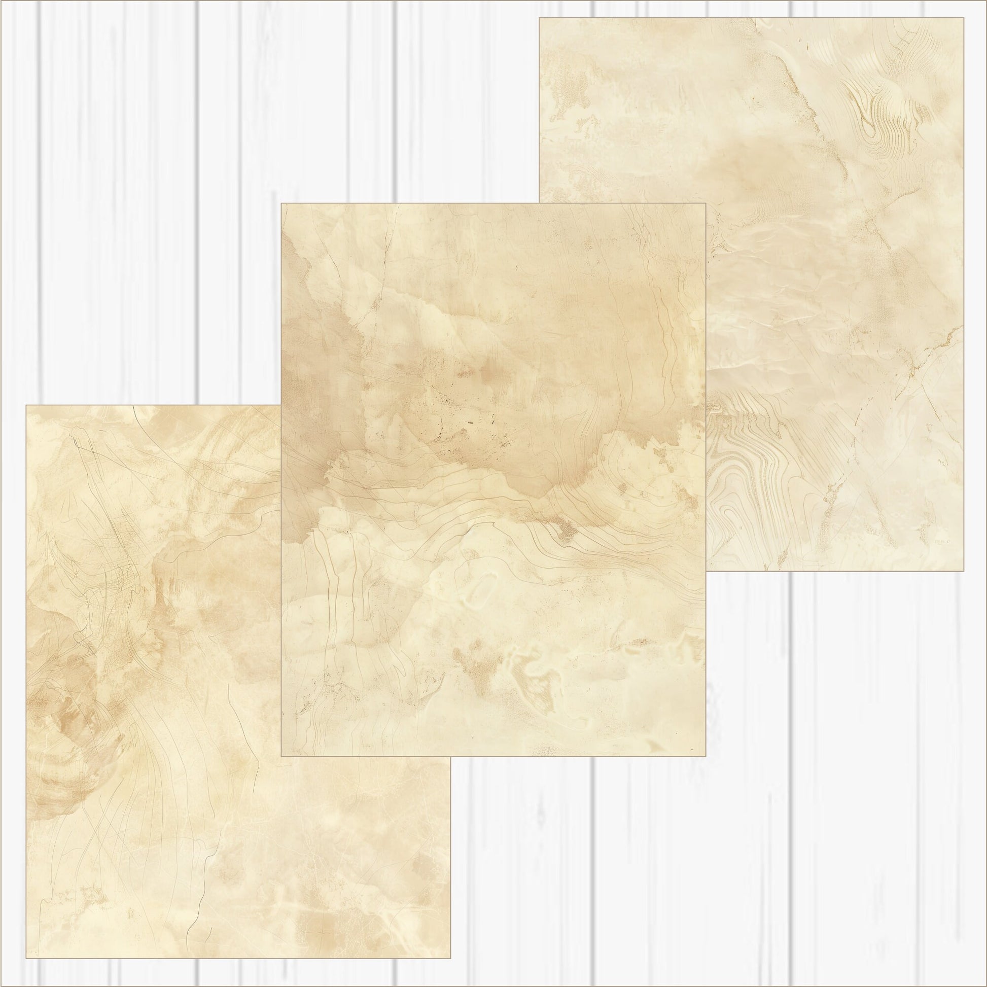 a set of three beige marble tiles on a white wood background