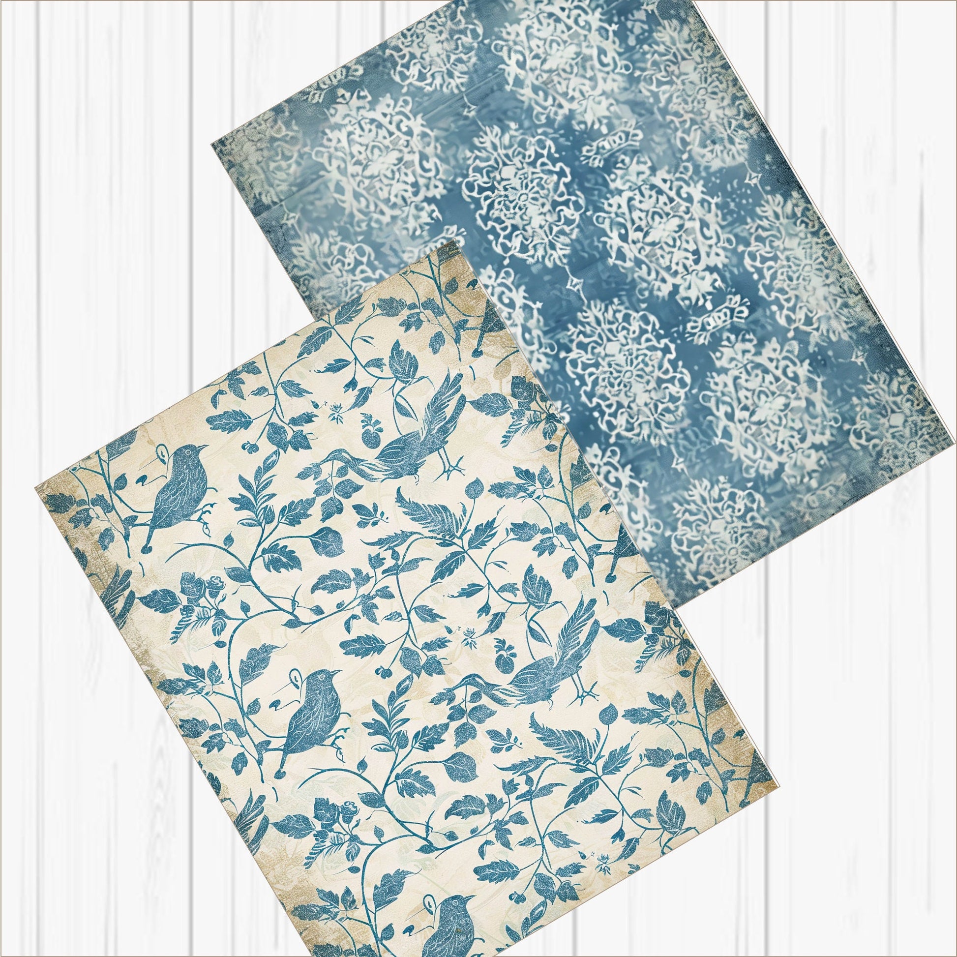 a set of three blue and white papers with birds on them