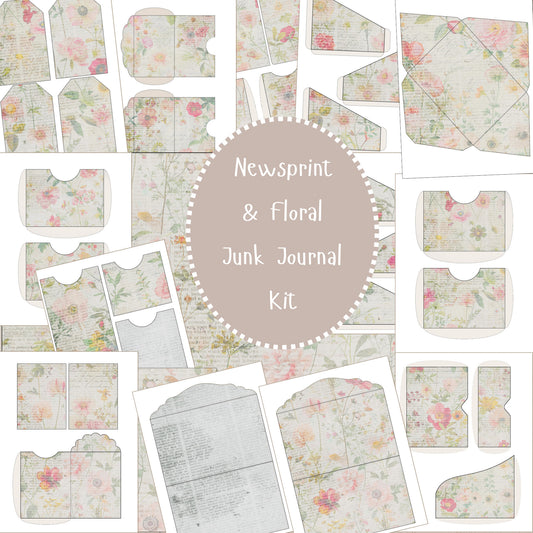 Junk Journal Kit Newspaper & Flowers