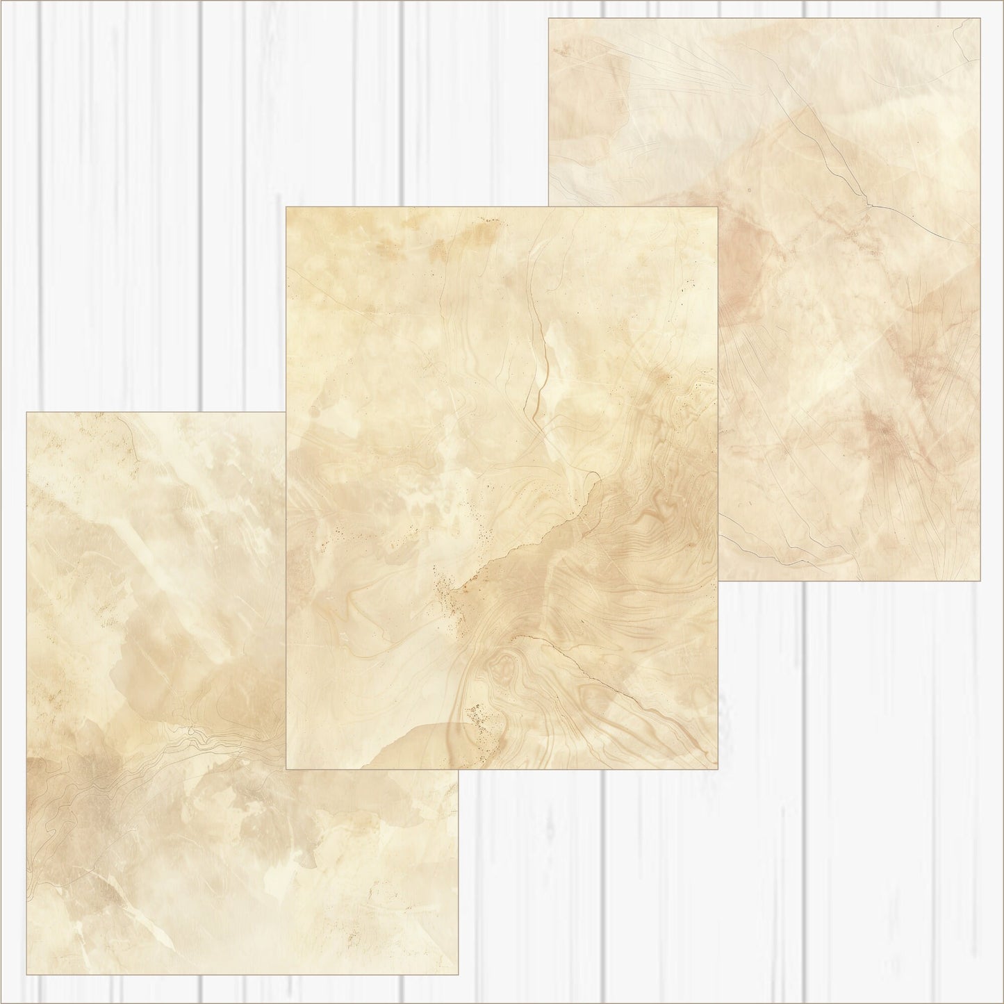 a set of beige marble tiles on a white wood background