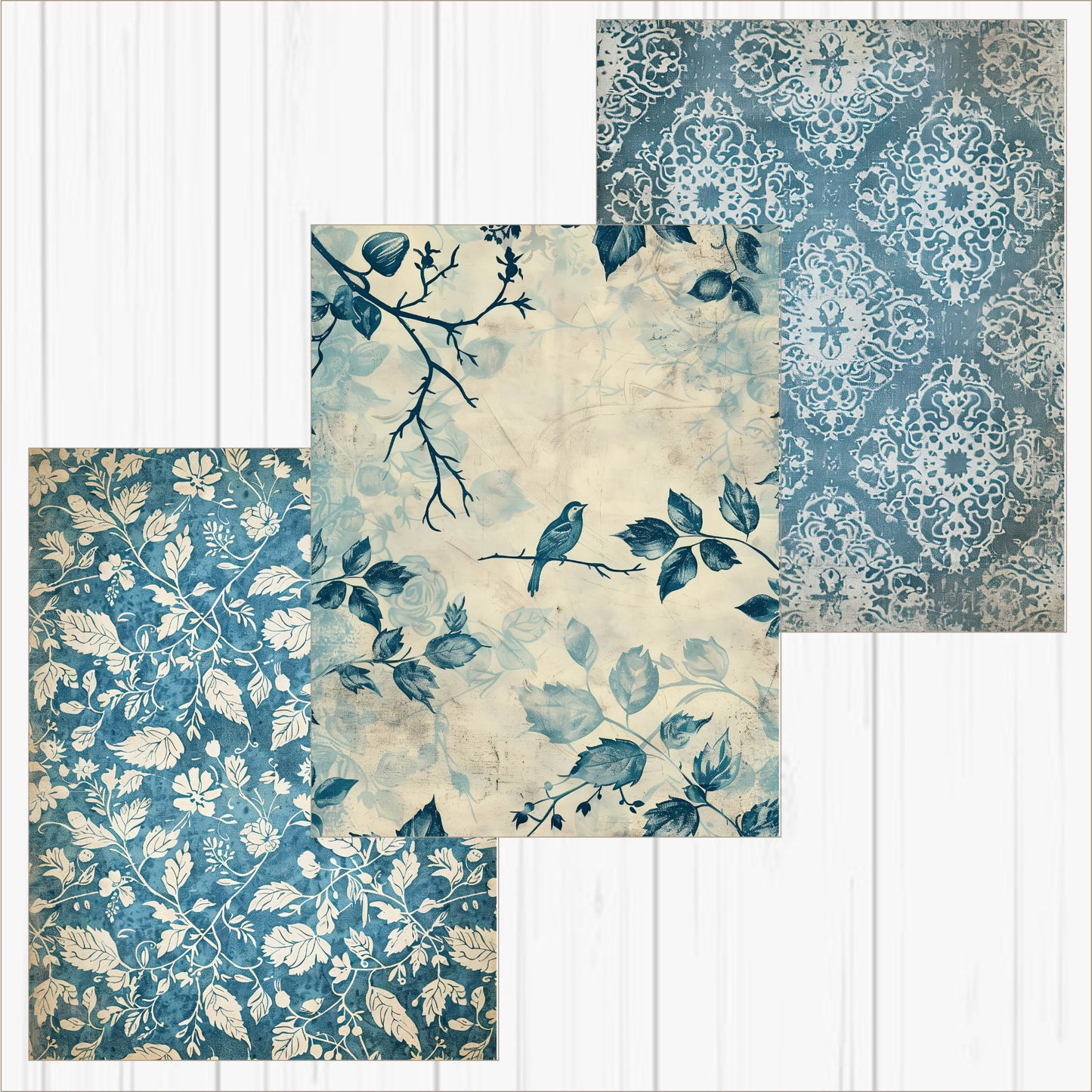 a set of four blue and white papers with birds on them