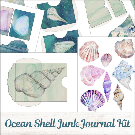 Ocean shell junk journal kit with pockets, tags and envelopes.