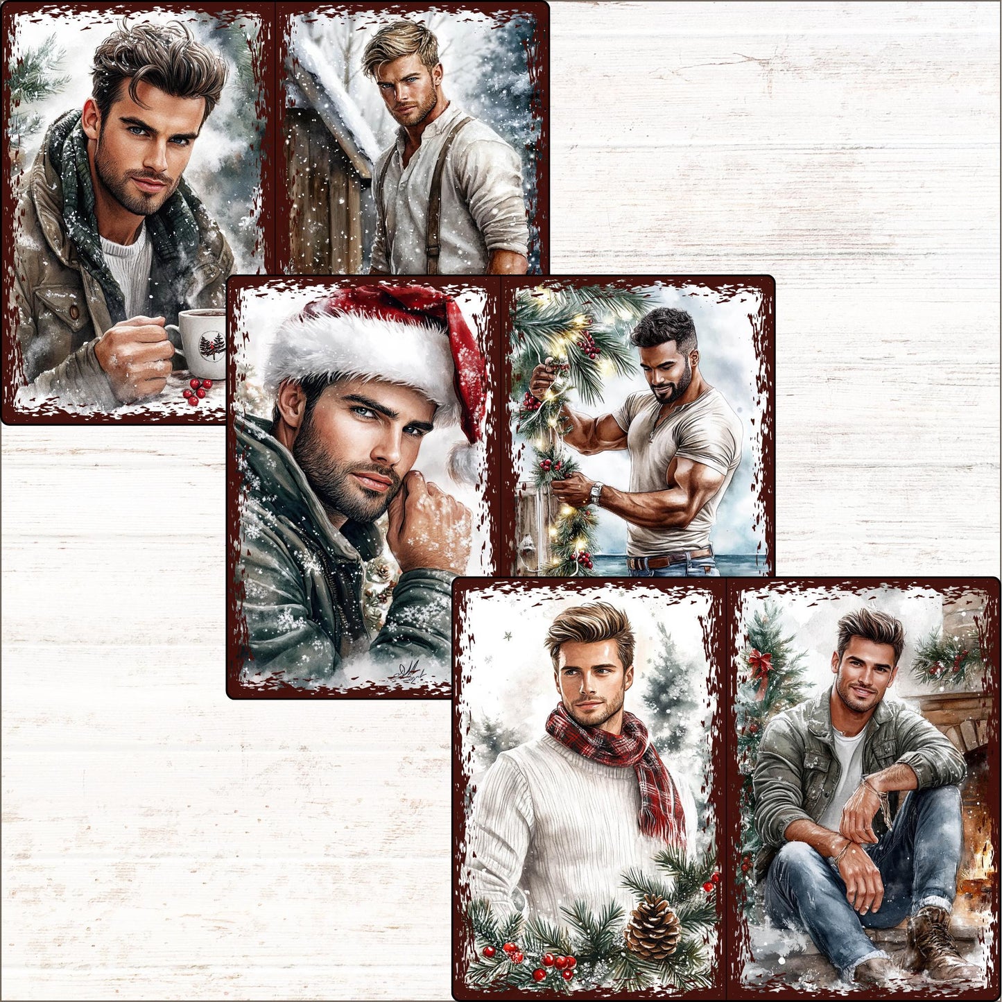 a set of four pictures of a man with a christmas tree